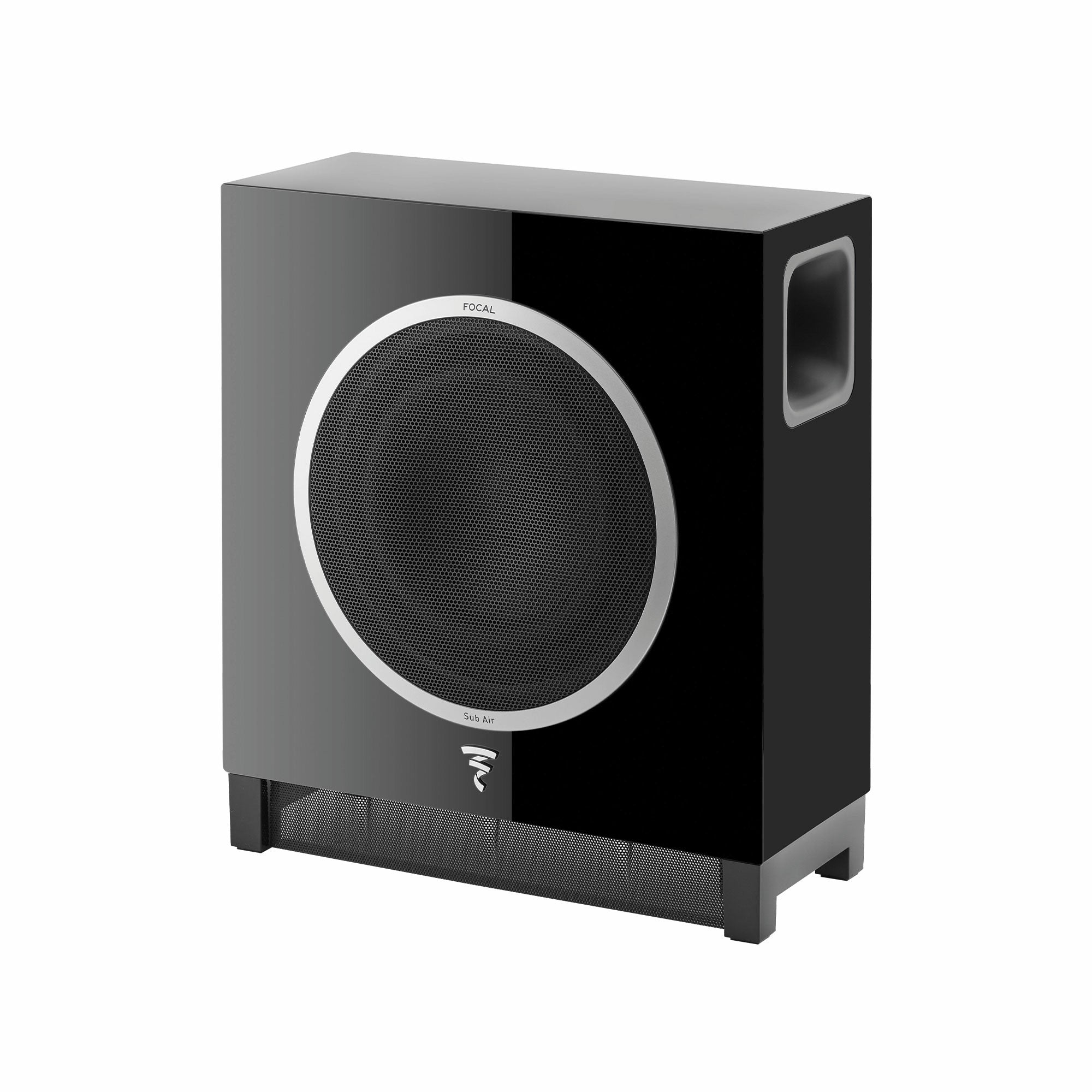Subwoofer Focal SUB AIR negru, vedere din unghi de 34 de grade, grilaj frontal și port de bas lateral.#color_black
