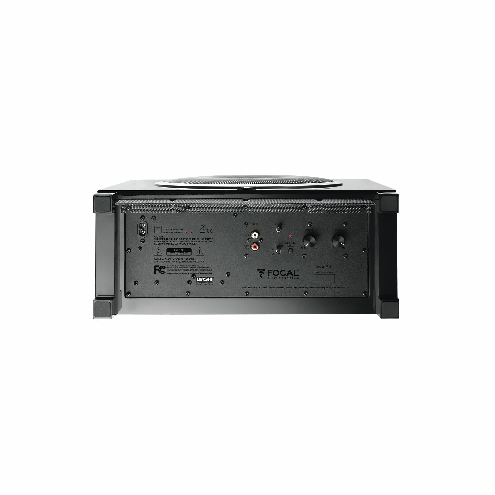 Subwoofer Focal SUB AIR, vedere din spate, negru, cu panou de control și conexiuni audio vizibile.