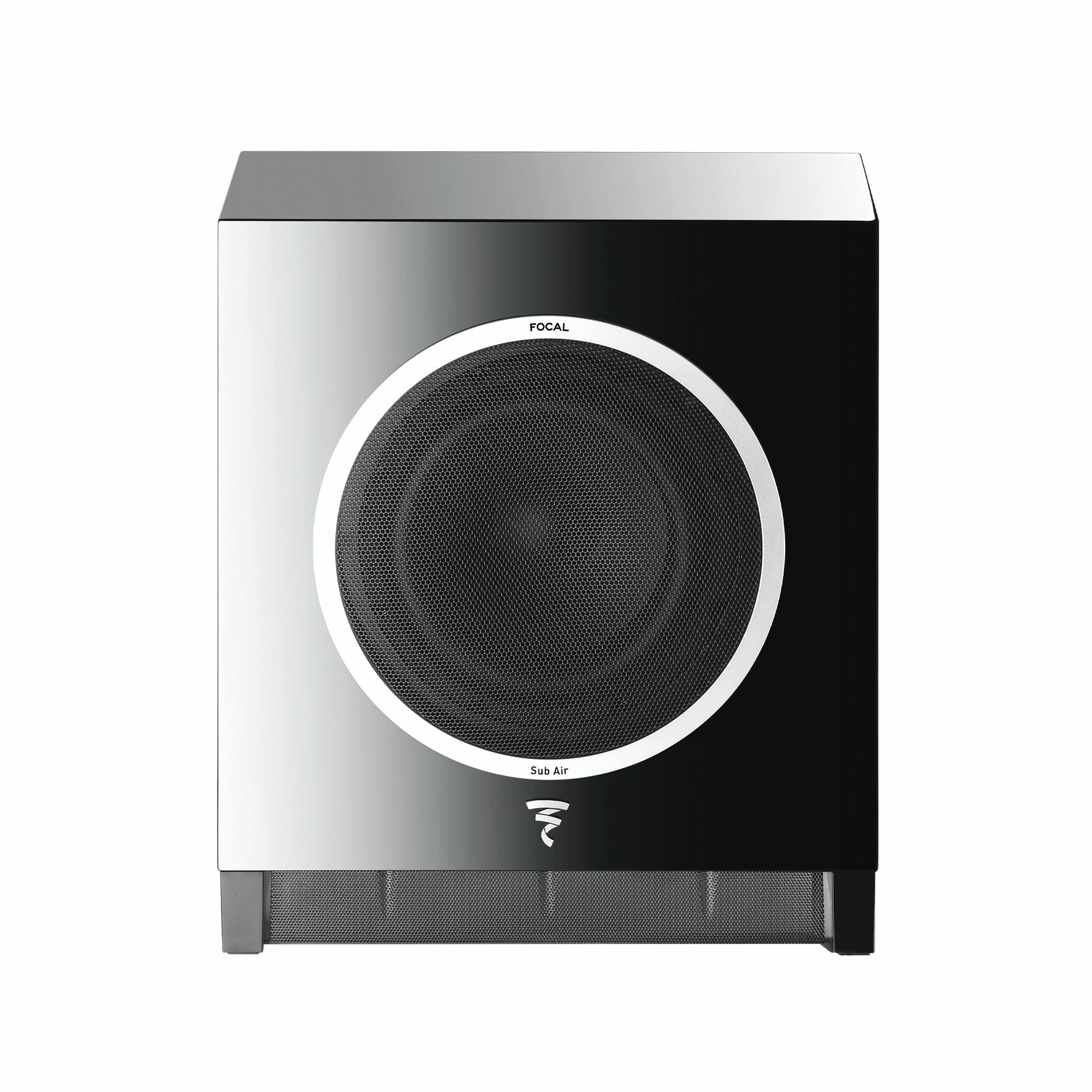 Subwoofer Focal SUB AIR, față neagră, grilaj frontal vizibil, logo Focal, design compact pentru home theater.
