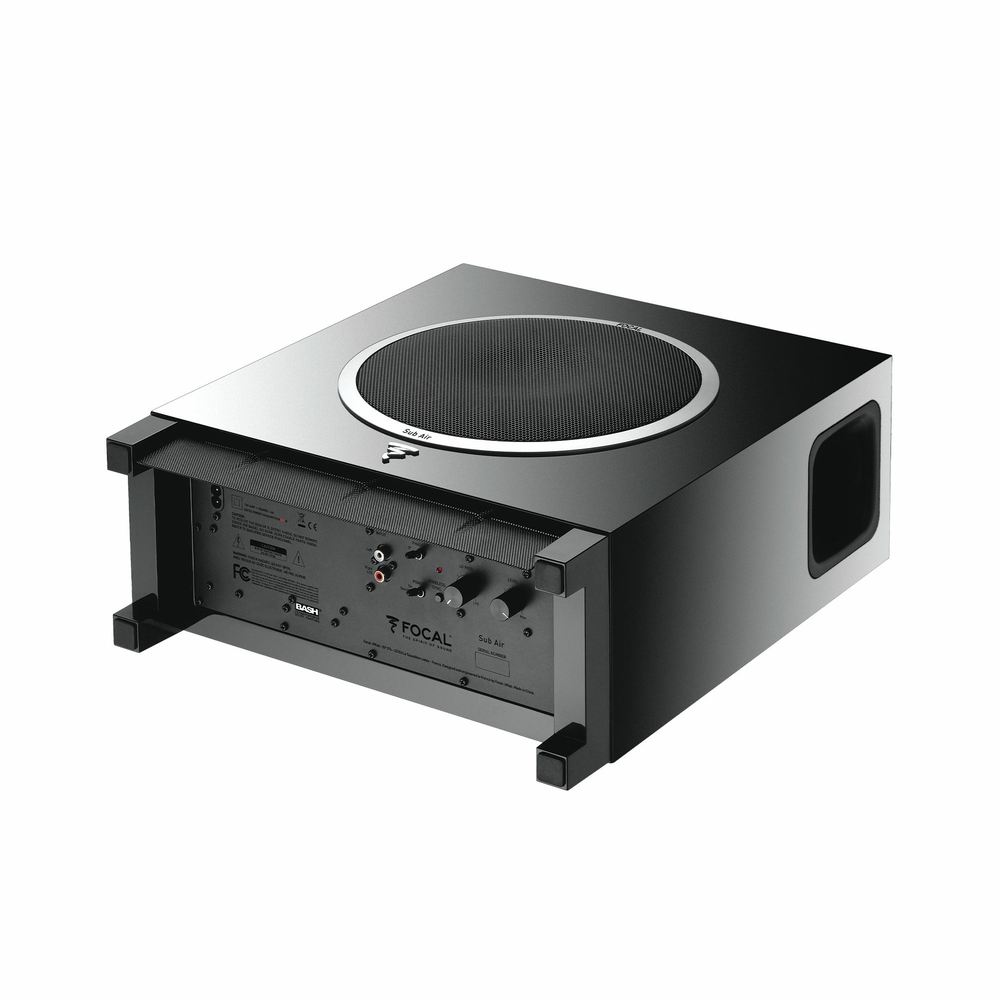 Subwoofer Focal SUB AIR, vedere orizontală, culoare neagră, panou spate cu conexiuni și comenzi vizibile.