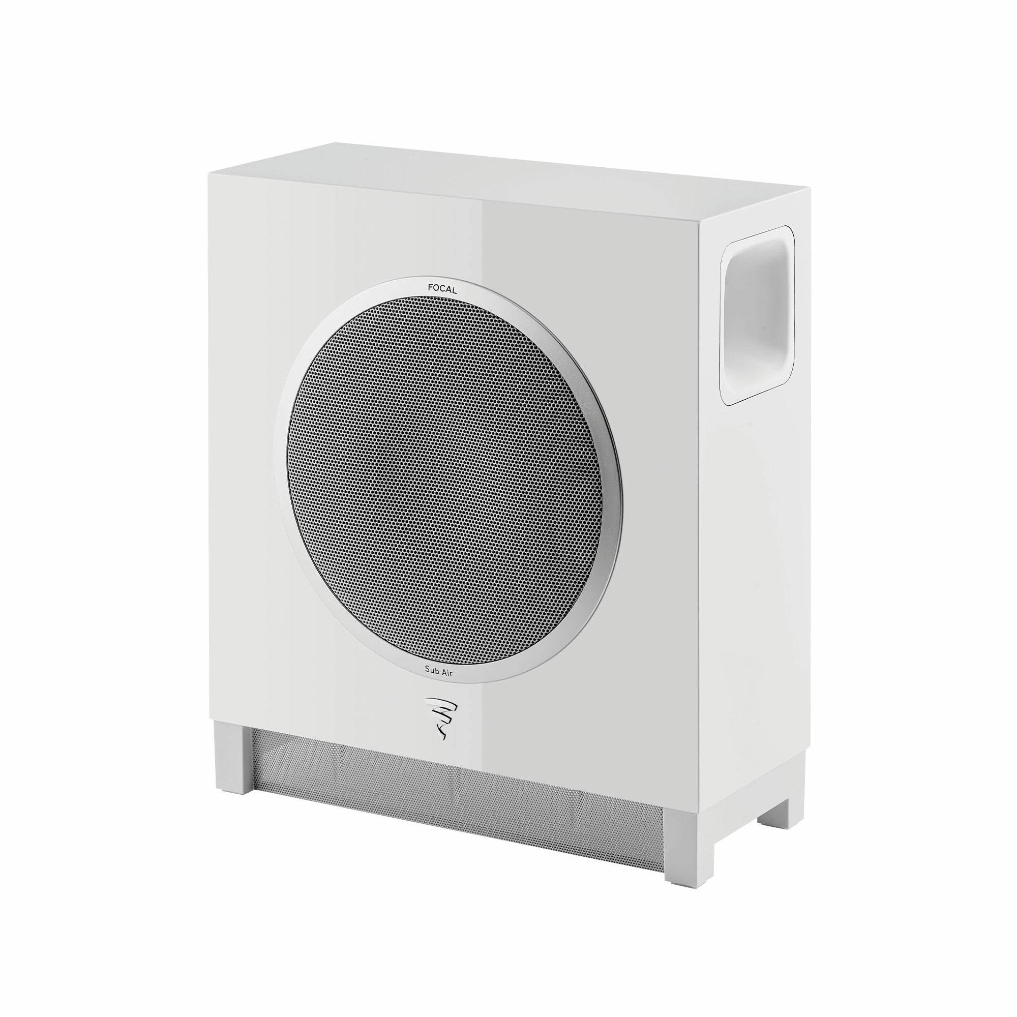 Subwoofer Focal SUB AIR alb, vedere din unghi de 34 de grade, grilaj frontal și port lateral vizibile.