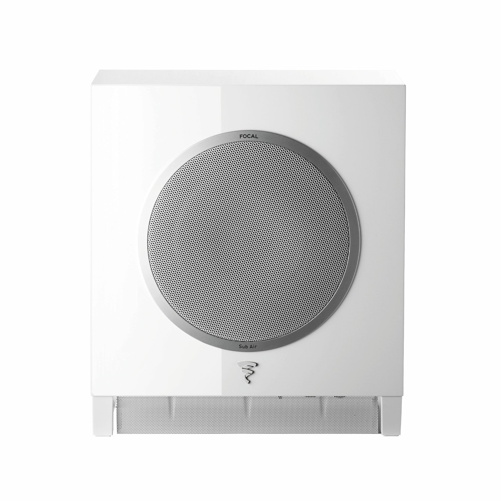 Focal SUB AIR Subwoofer alb, vedere frontală, grilaj metalic rotund și logo vizibil în partea de jos.