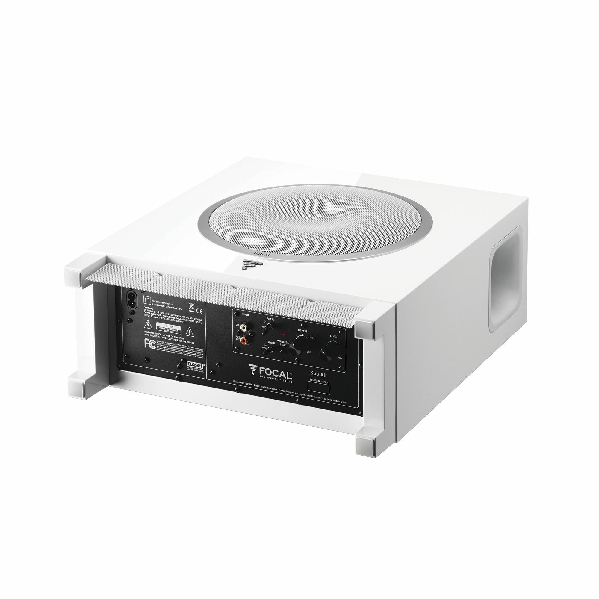 Subwoofer Focal SUB AIR alb, vedere orizontală. Panou de control și conexiuni audio vizibile.