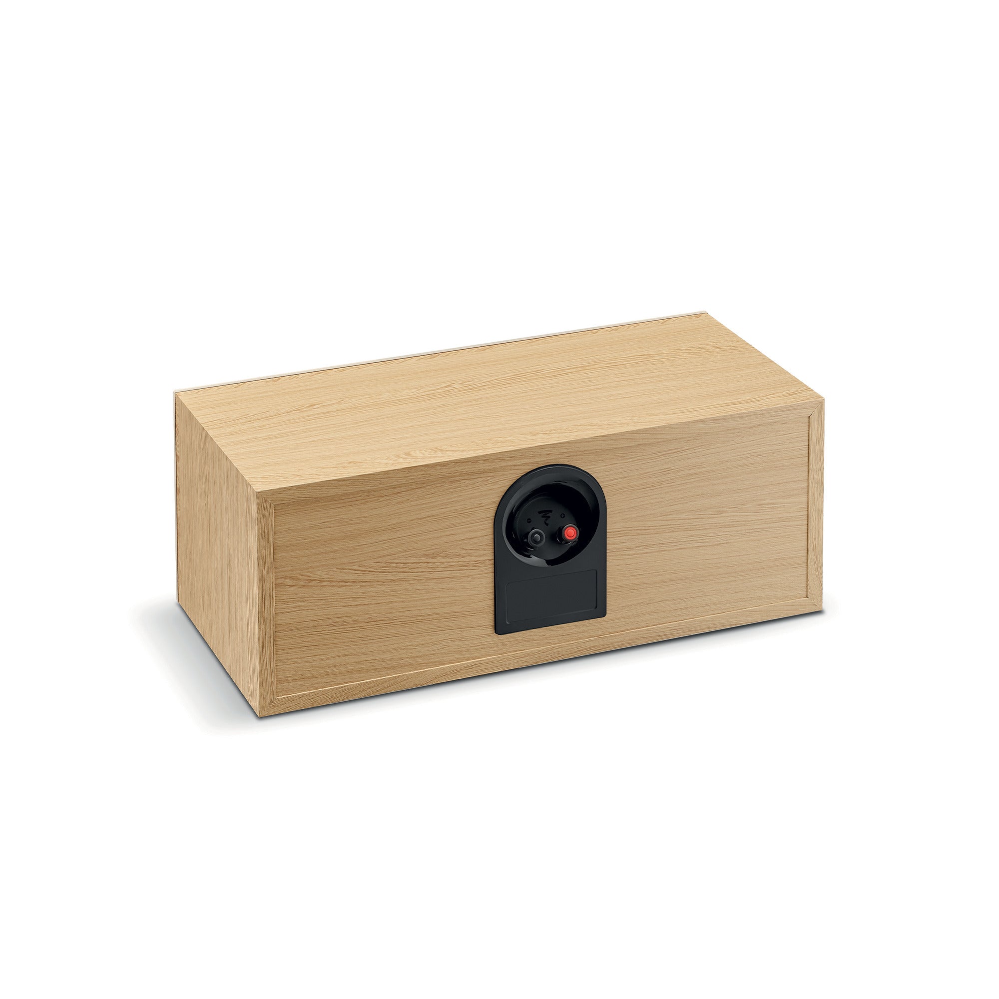 Spatele boxei Focal Theva Center, finisaj lemn deschis, cu conectori vizibili pentru cabluri audio.