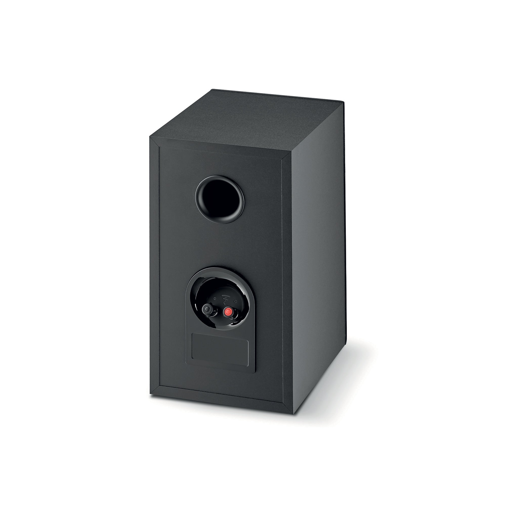 Spatele boxei Focal Theva N1, culoare negru, arată portul bass reflex și conectorii pentru cabluri audio.