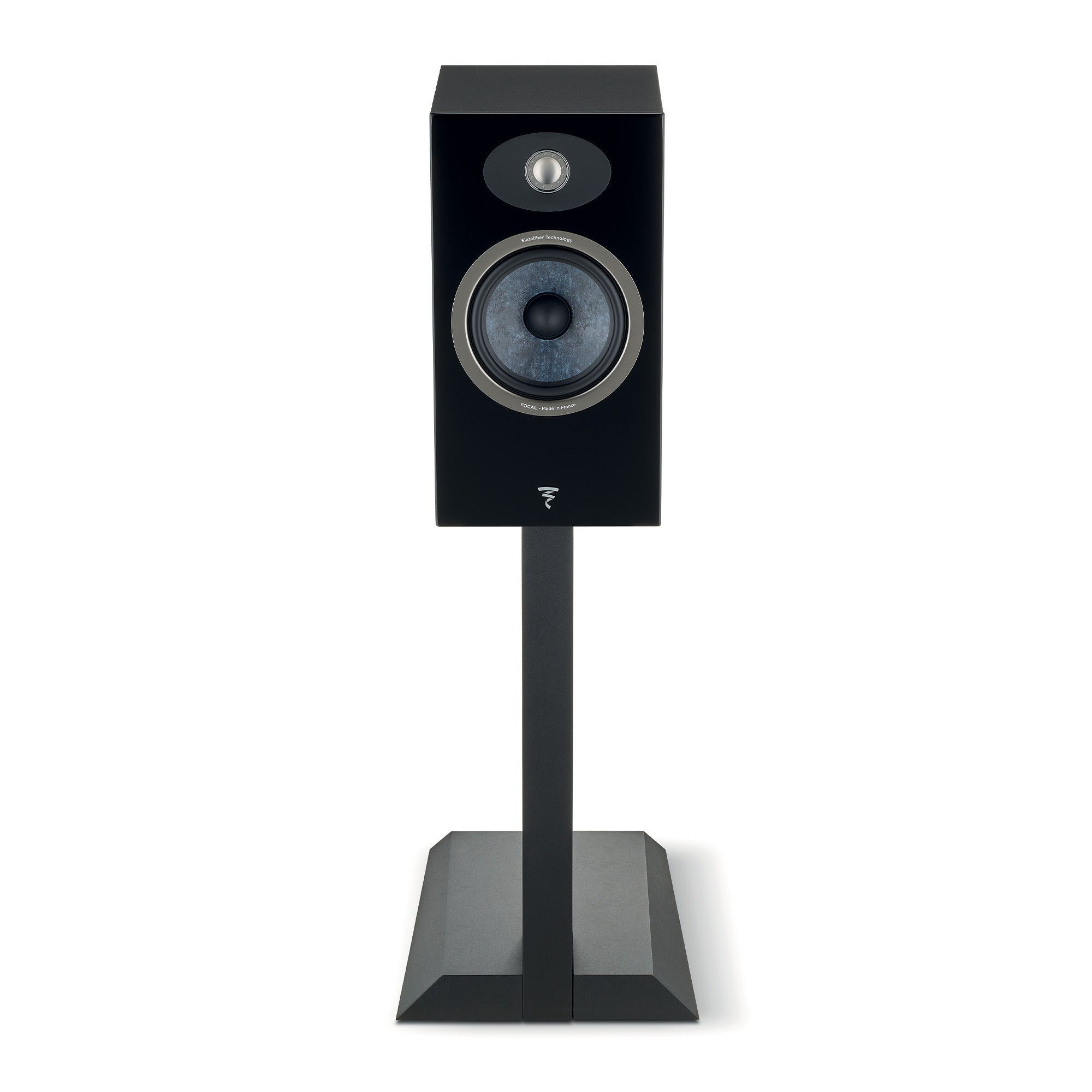 Boxa Focal Theva N1, vedere frontală, culoare negru, pe suport. Vizibil tweeter și woofer central.