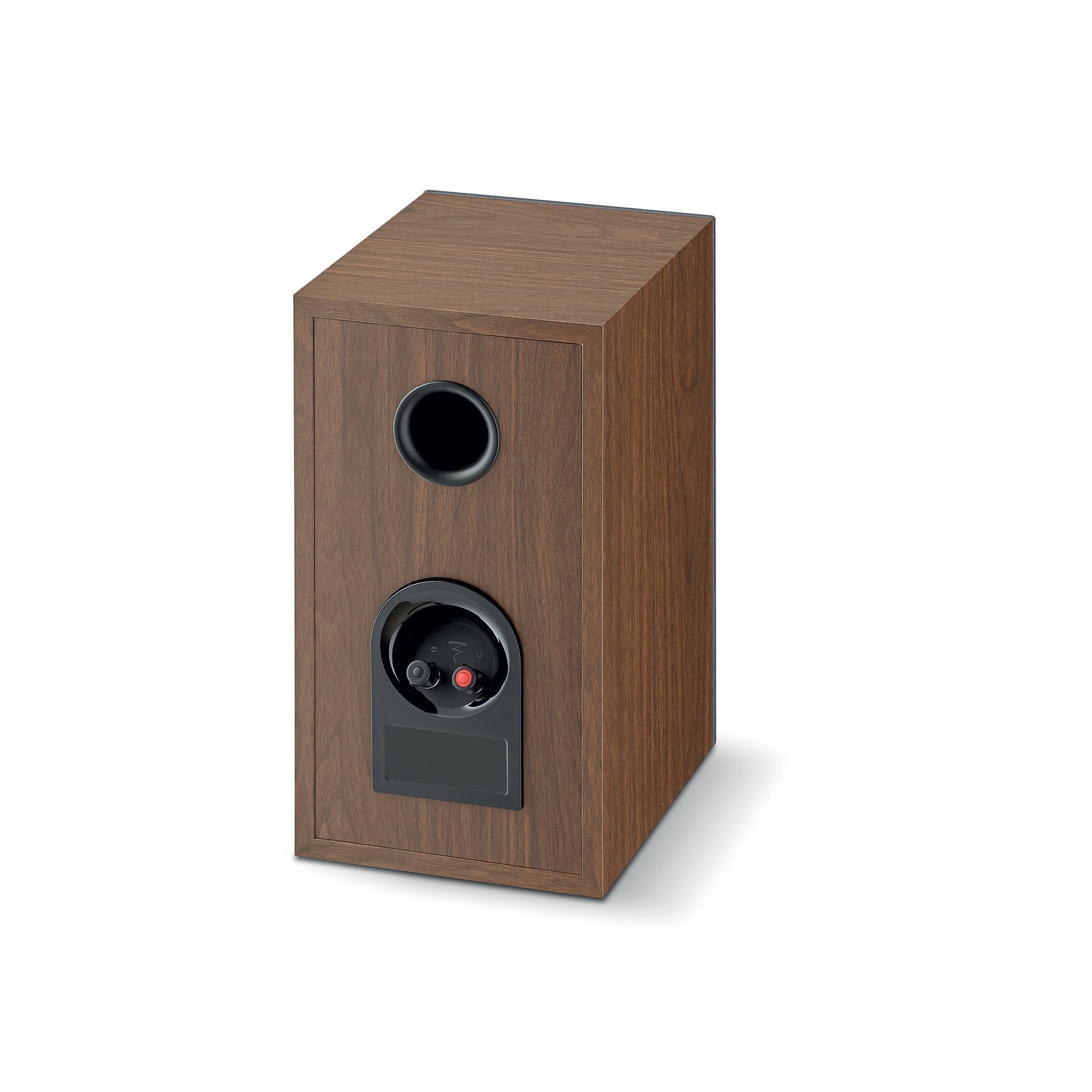 Focal Theva N1 Boxe de raft, vedere din spate, culoare lemn. Vizibile portul bass reflex și conectorii.