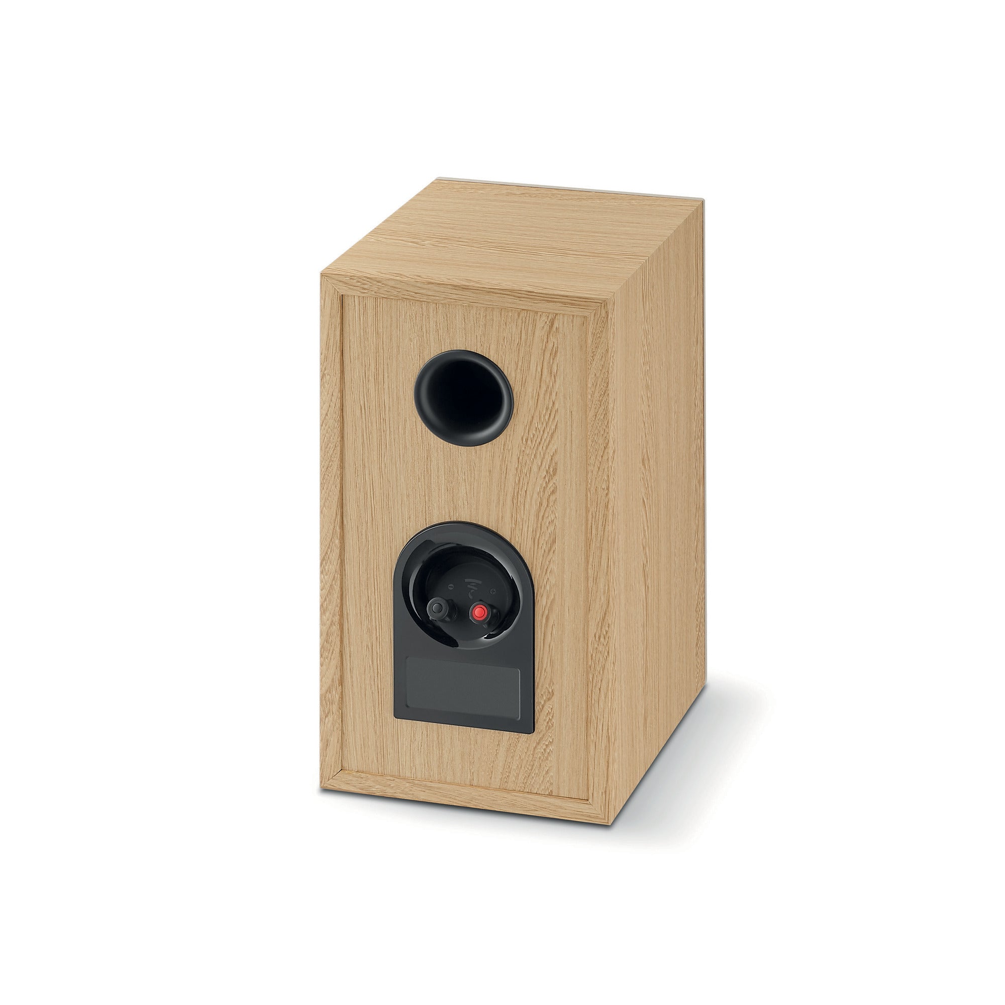 Focal Theva N1 Boxe de raft, vedere spate, finisaj lemn deschis, port bass reflex și conectori vizibili.