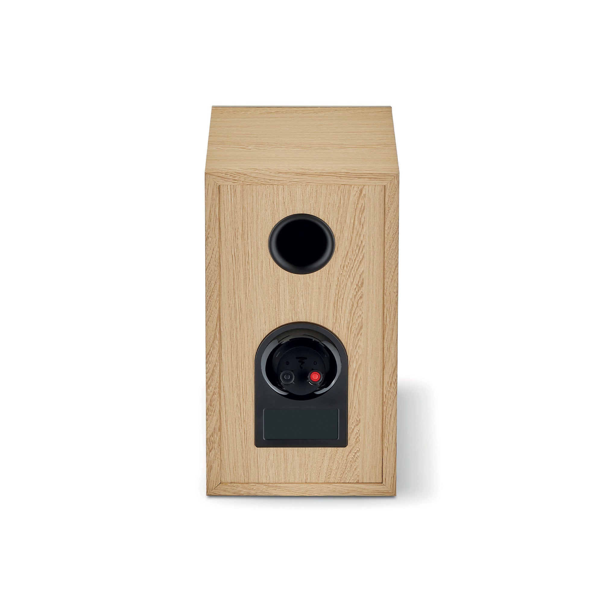 Focal Theva N1 Boxe de raft, vedere din spate, finisaj lemn deschis, port bass reflex și conectori vizibili.