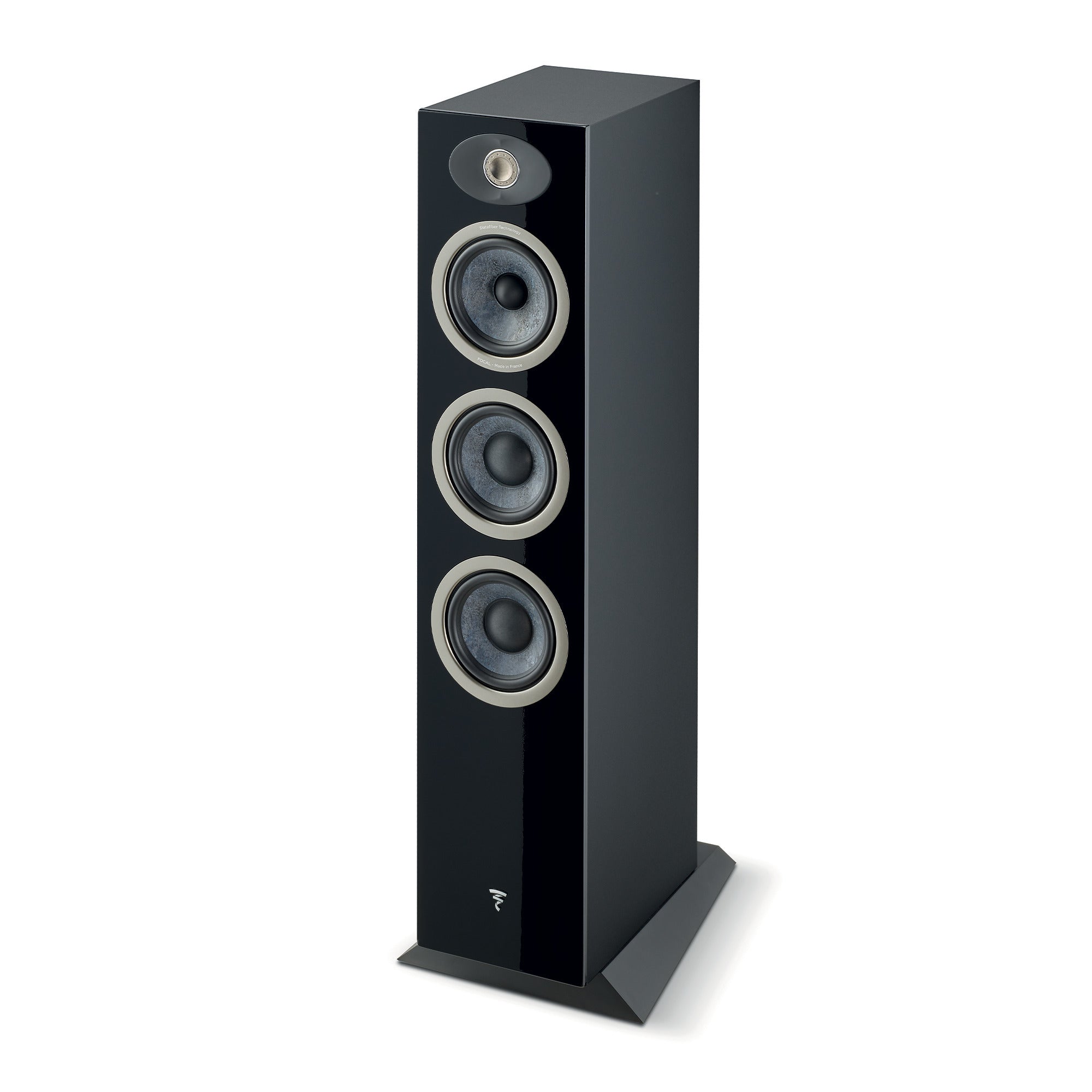 Focal Theva N2 Boxe de podea, negru, vedere din unghi de 34 de grade, trei difuzoare vizibile frontal.