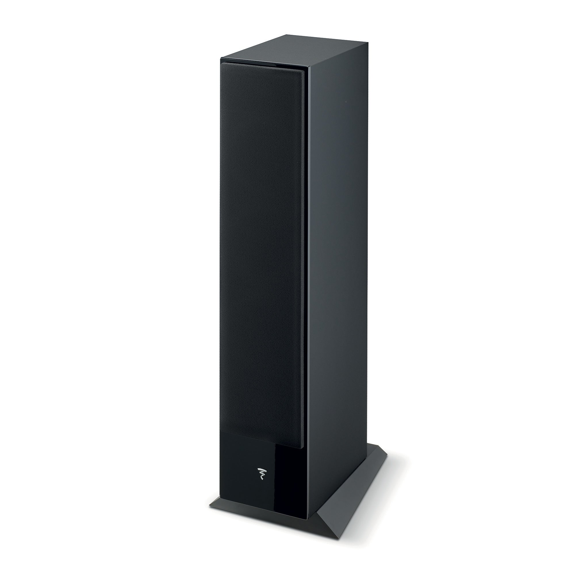 Focal Theva N2 Boxe de podea, negru, vedere din unghi de 34 de grade, grilaj frontal vizibil.