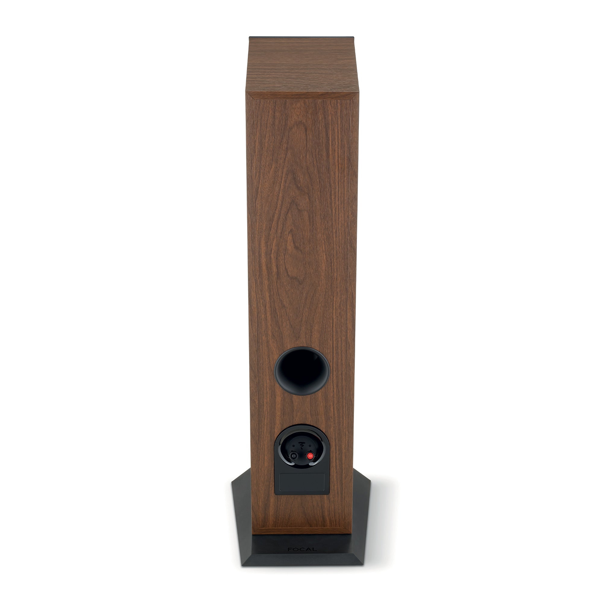 Focal Theva N2 Boxe de podea, vedere din spate, finisaj lemn. Port bass reflex și conectori vizibili.