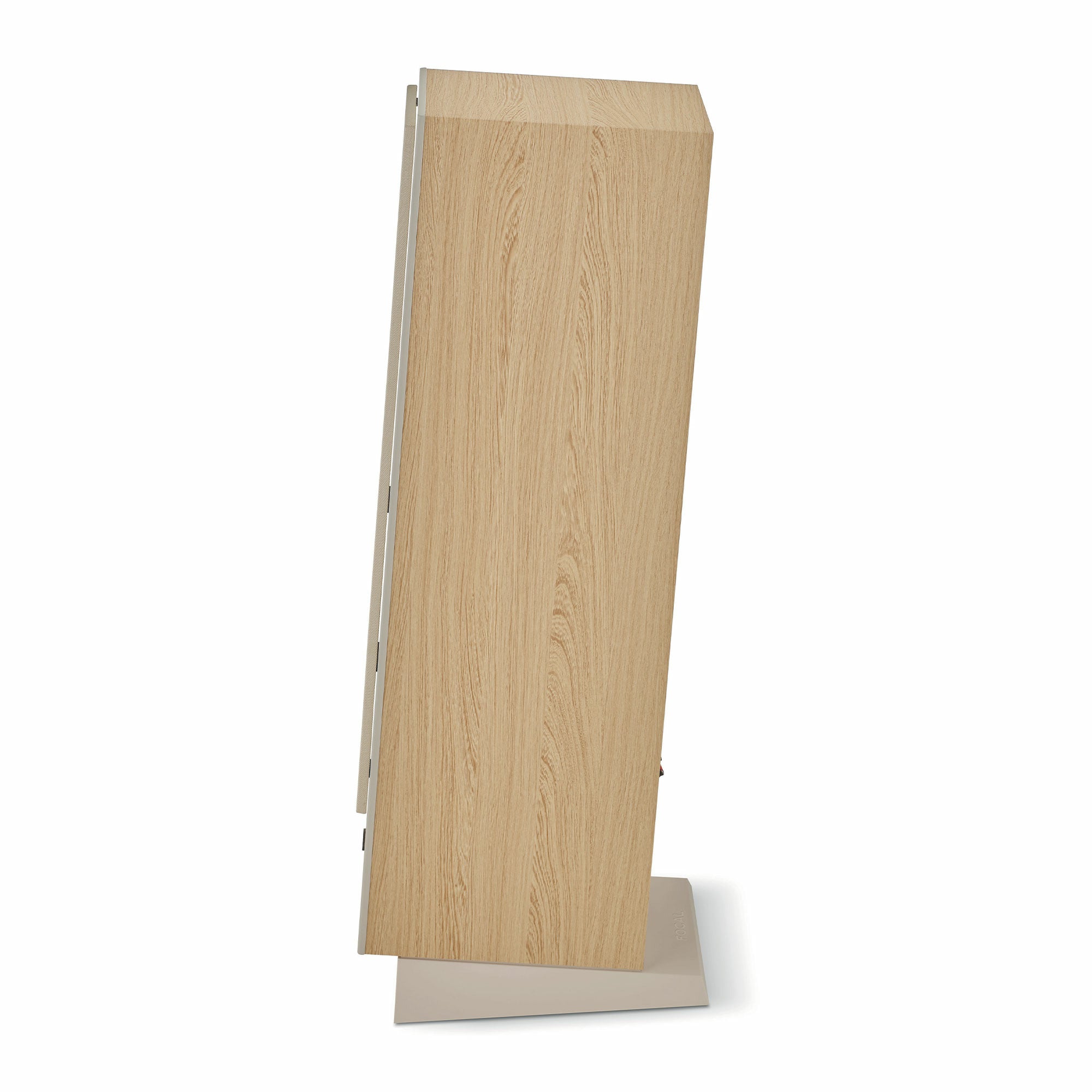 Boxa Focal Theva N2, vedere laterală, finisaj lemn deschis, evidențiind baza stabilă și profilul subțire.