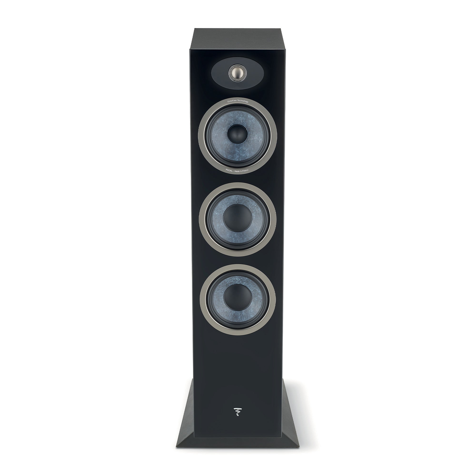 Focal Theva N3 Boxe de podea, vedere frontală, negru, trei difuzoare vizibile, tweeter superior.