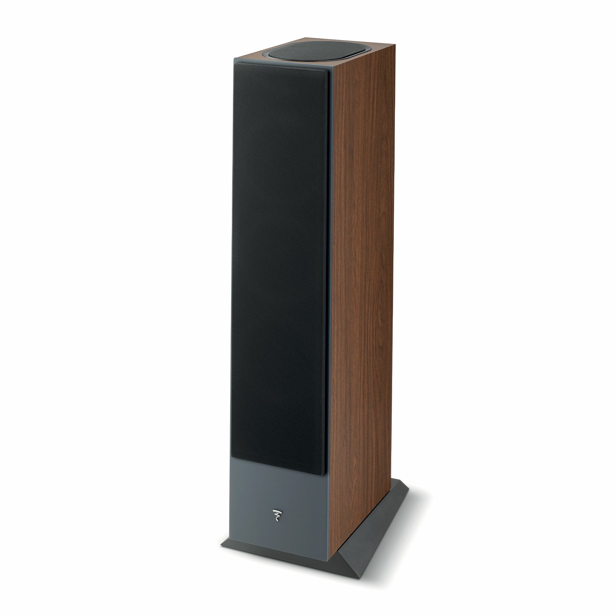 Focal Theva N3-D Boxe de podea, vedere din unghi dreapta, finisaj lemn, grilaj frontal negru.