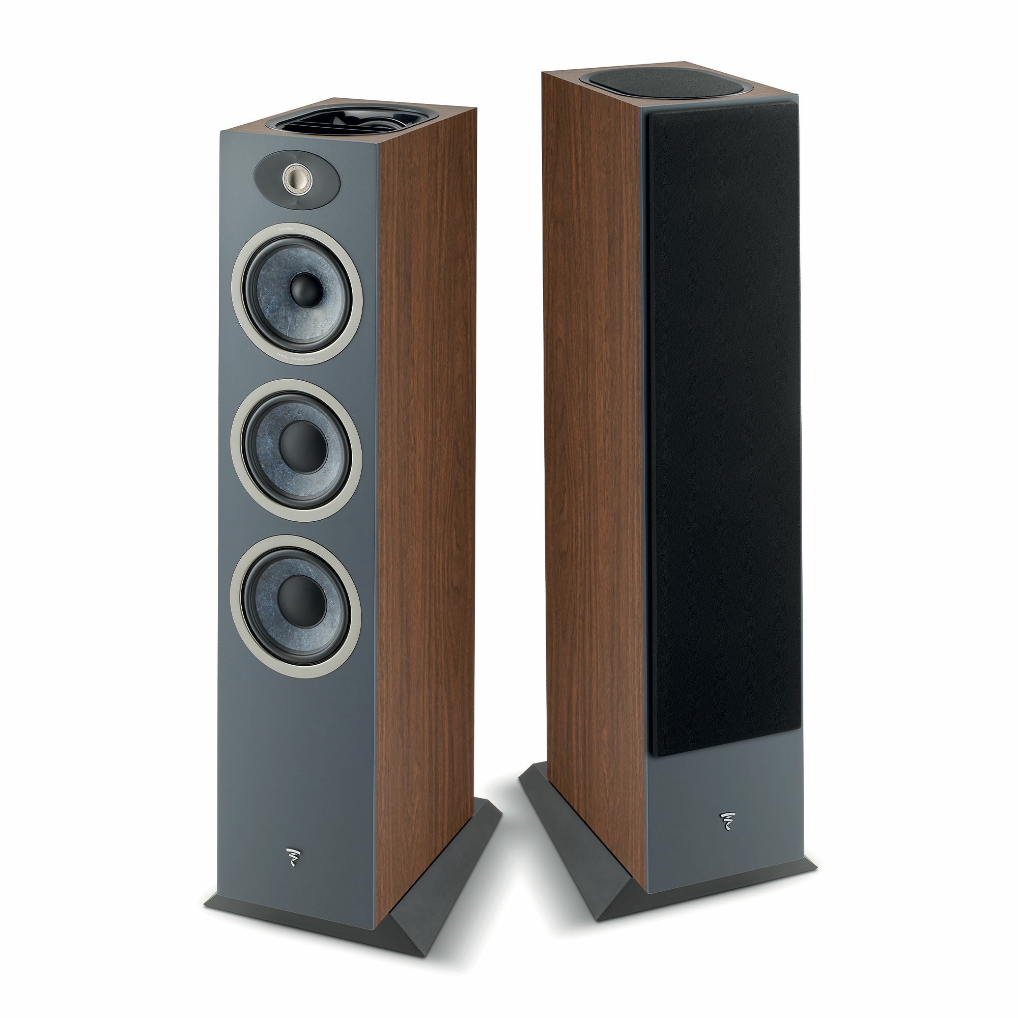 Focal Theva N3-D Boxe de podea, vedere dublă, finisaj lemn, trei difuzoare frontale și tweeter vizibile.