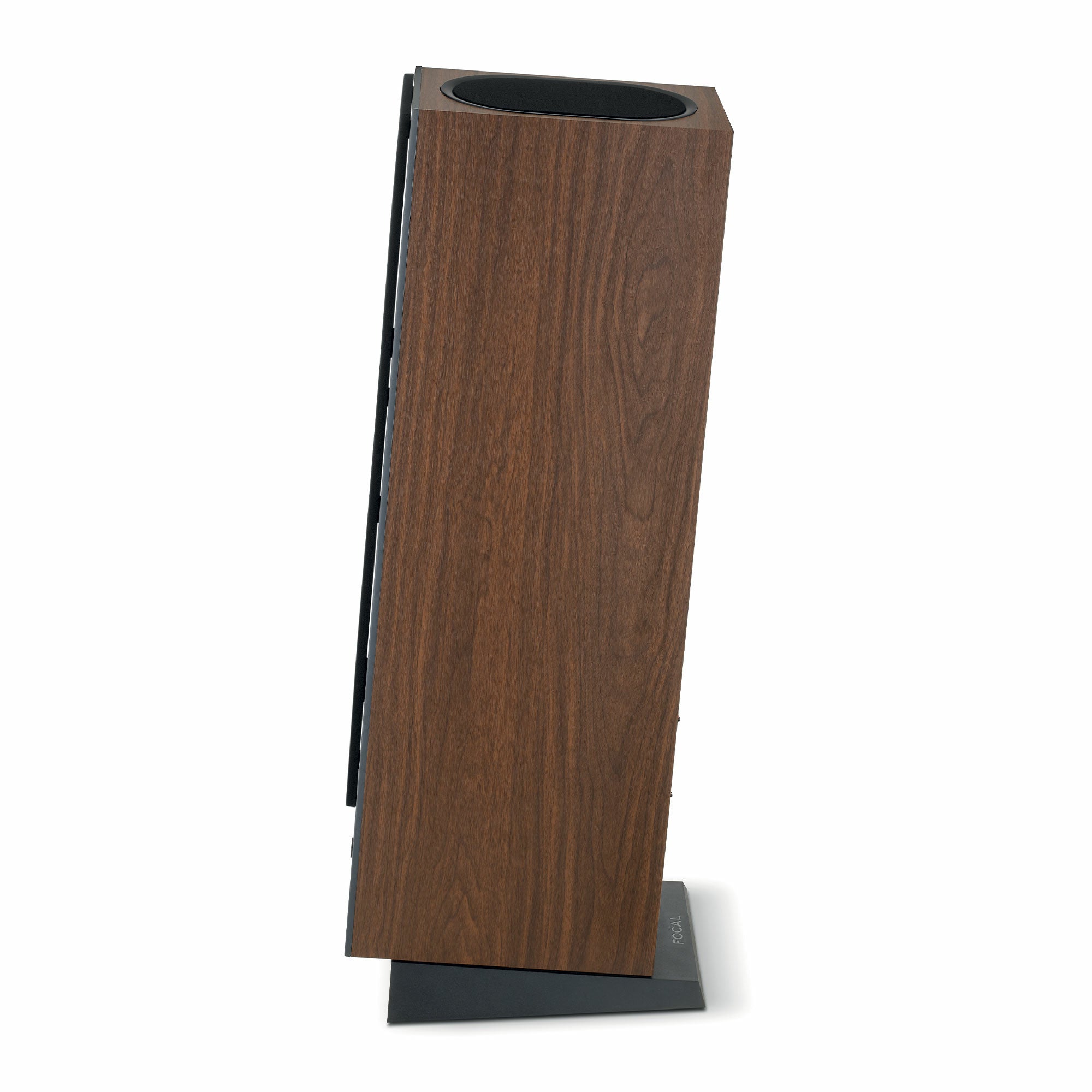 Focal Theva N3-D Boxe de podea, vedere laterală, finisaj lemn închis, bază neagră, port bass reflex superior.