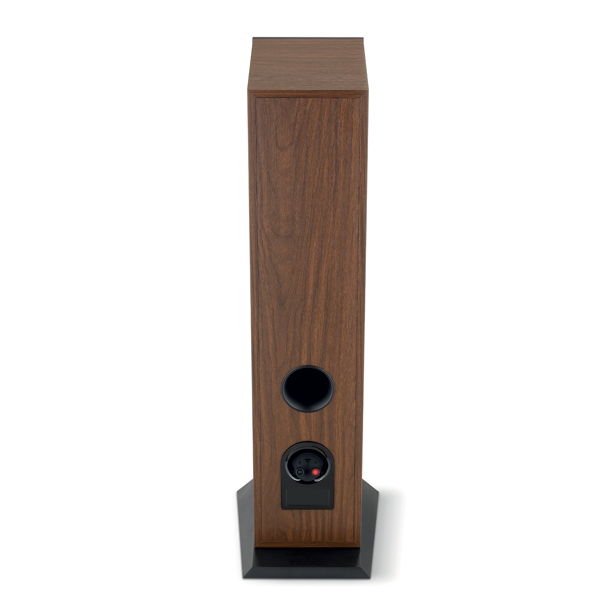 Focal Theva N3 Boxe de podea, vedere din spate, finisaj lemn, port bass reflex și conectori vizibili.