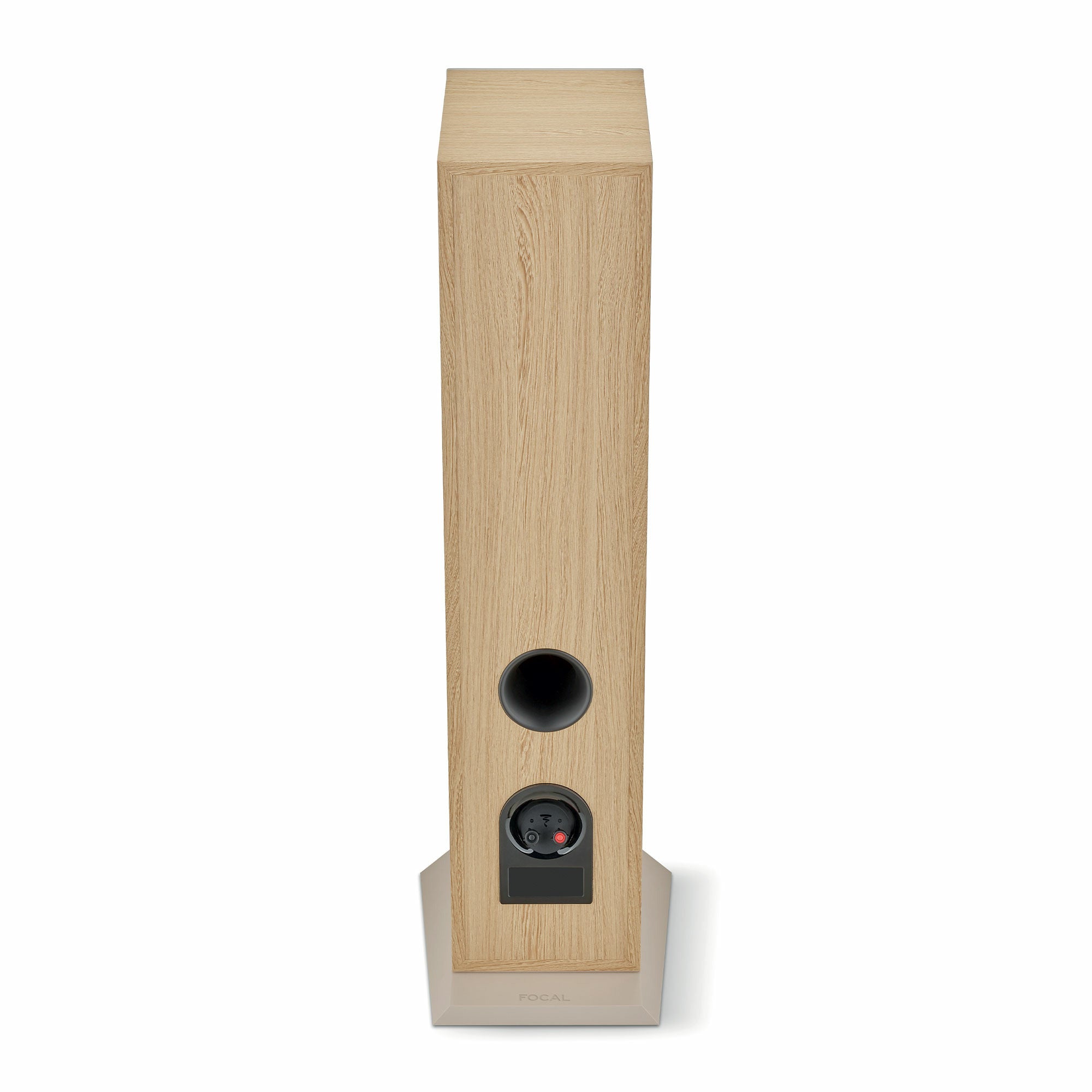 Focal Theva N3 Boxe de podea, vedere din spate, finisaj lemn deschis, port bass reflex și conectori vizibili.