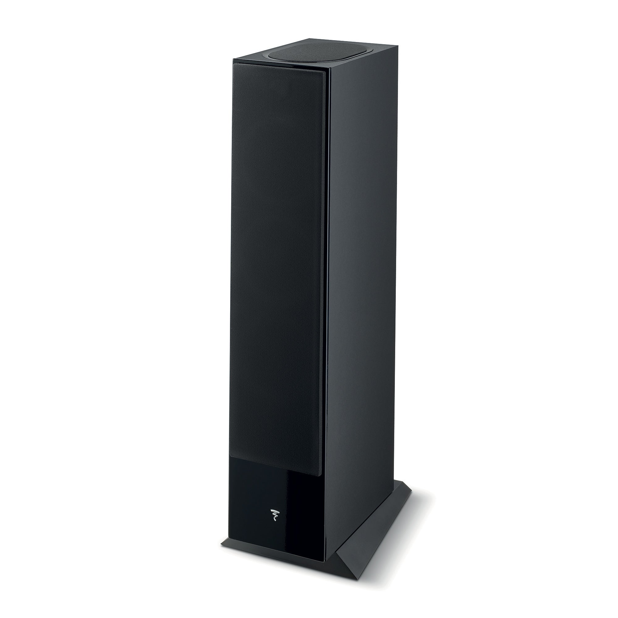 Focal Theva N3-D Boxe de podea, vedere laterală, culoare negru, cu grilă frontală și bază stabilă.
