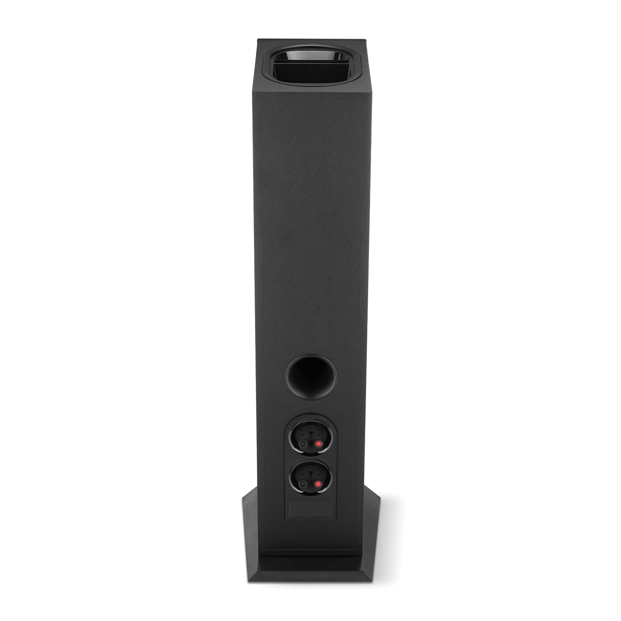 Spatele boxei Focal Theva N3-D negru, arătând portul bas reflex și conectorii de intrare audio.