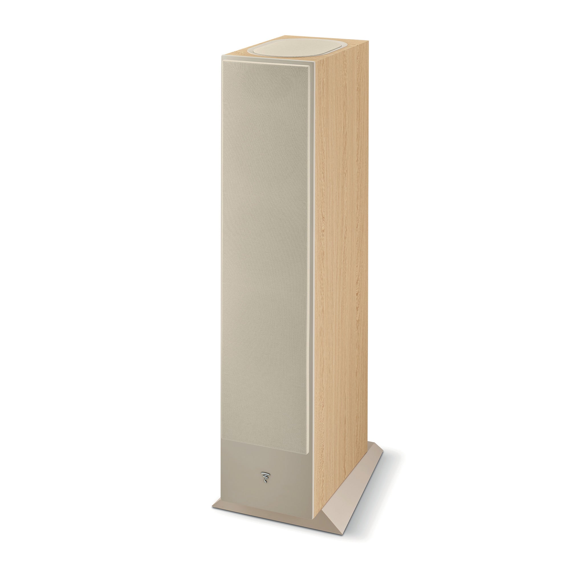 Focal Theva N3-D Boxe de podea, vedere laterală stânga, finisaj lemn deschis, grilaj frontal vizibil.