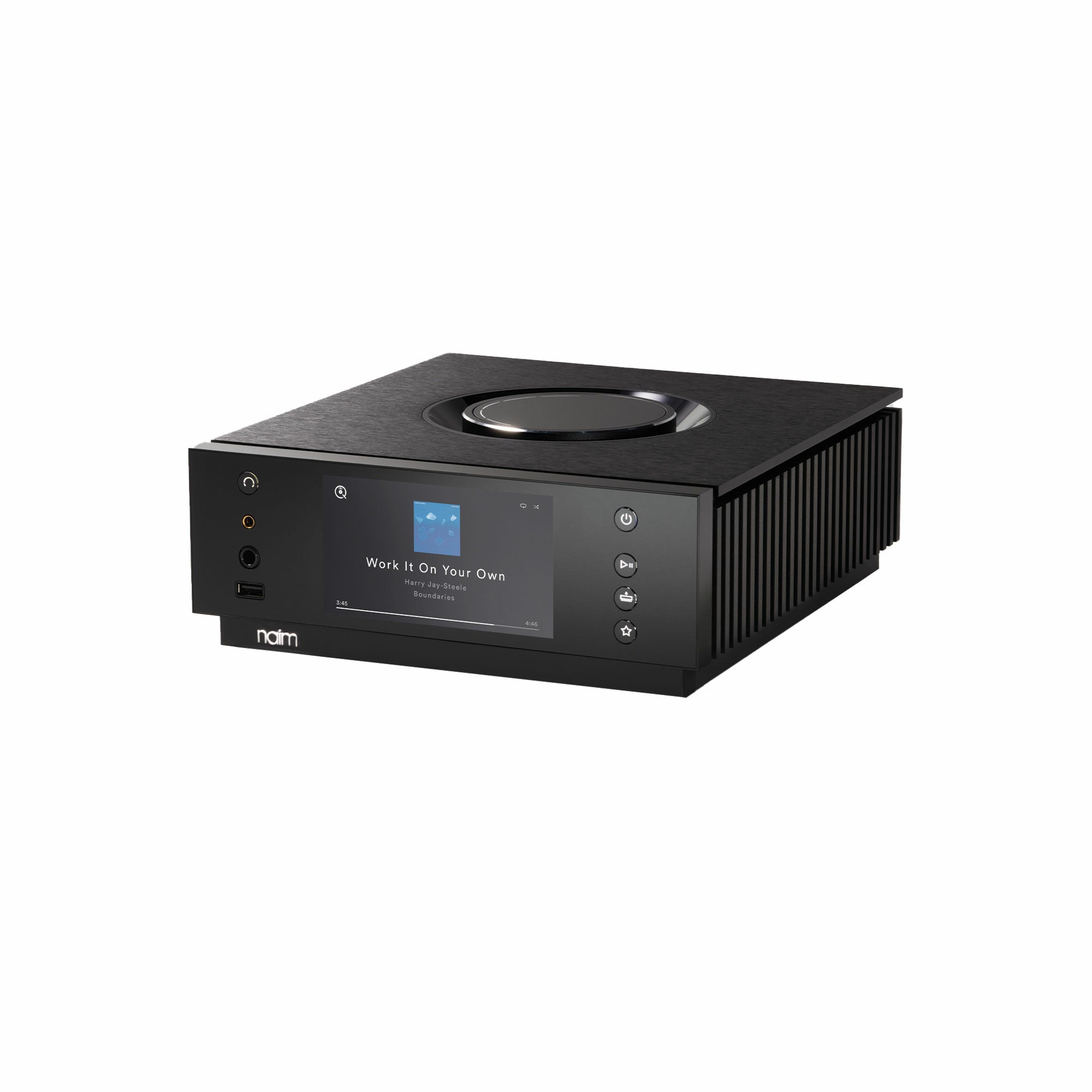 Naim Uniti Atom Headphone Edition Amplificator, vedere din unghi de 34 de grade, negru, ecran activ.