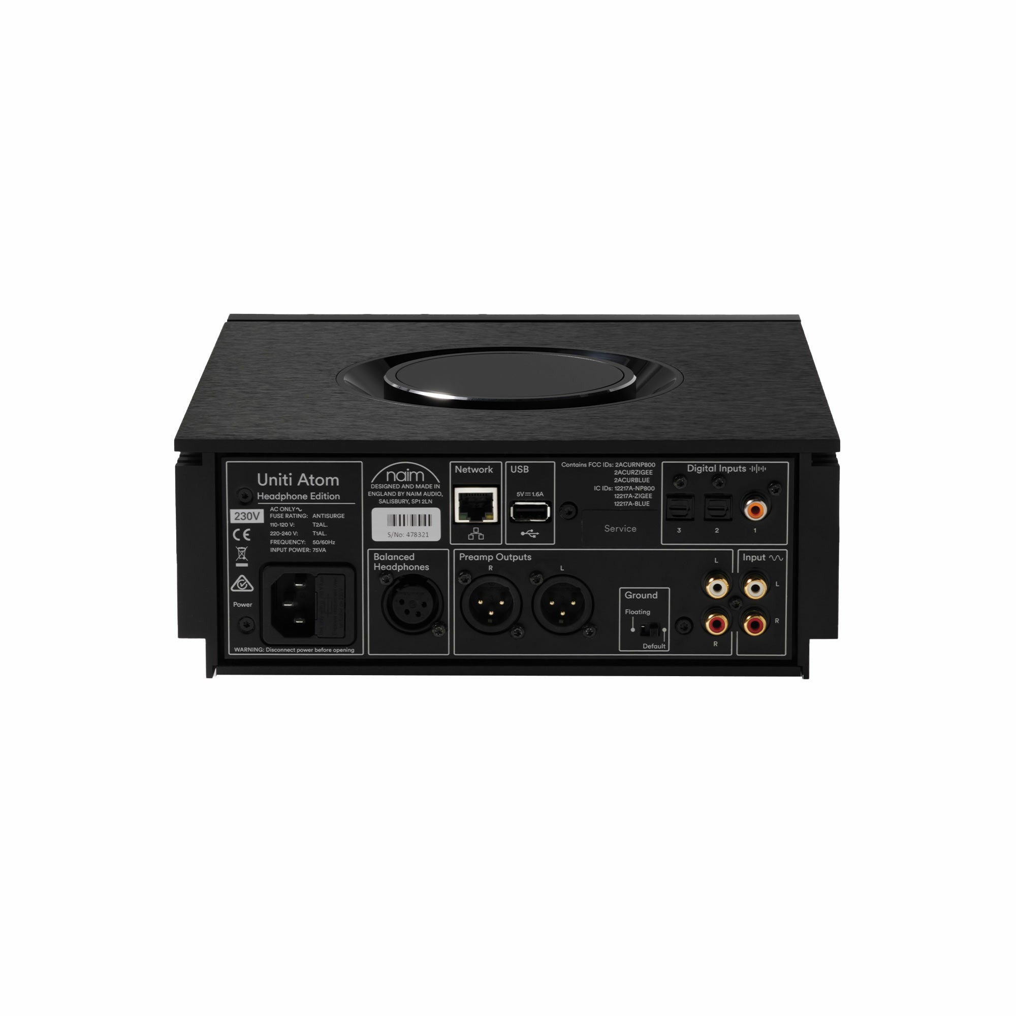 Naim Uniti Atom Headphone Edition Amplificator, vedere din spate, porturi USB, rețea și ieșiri audio.