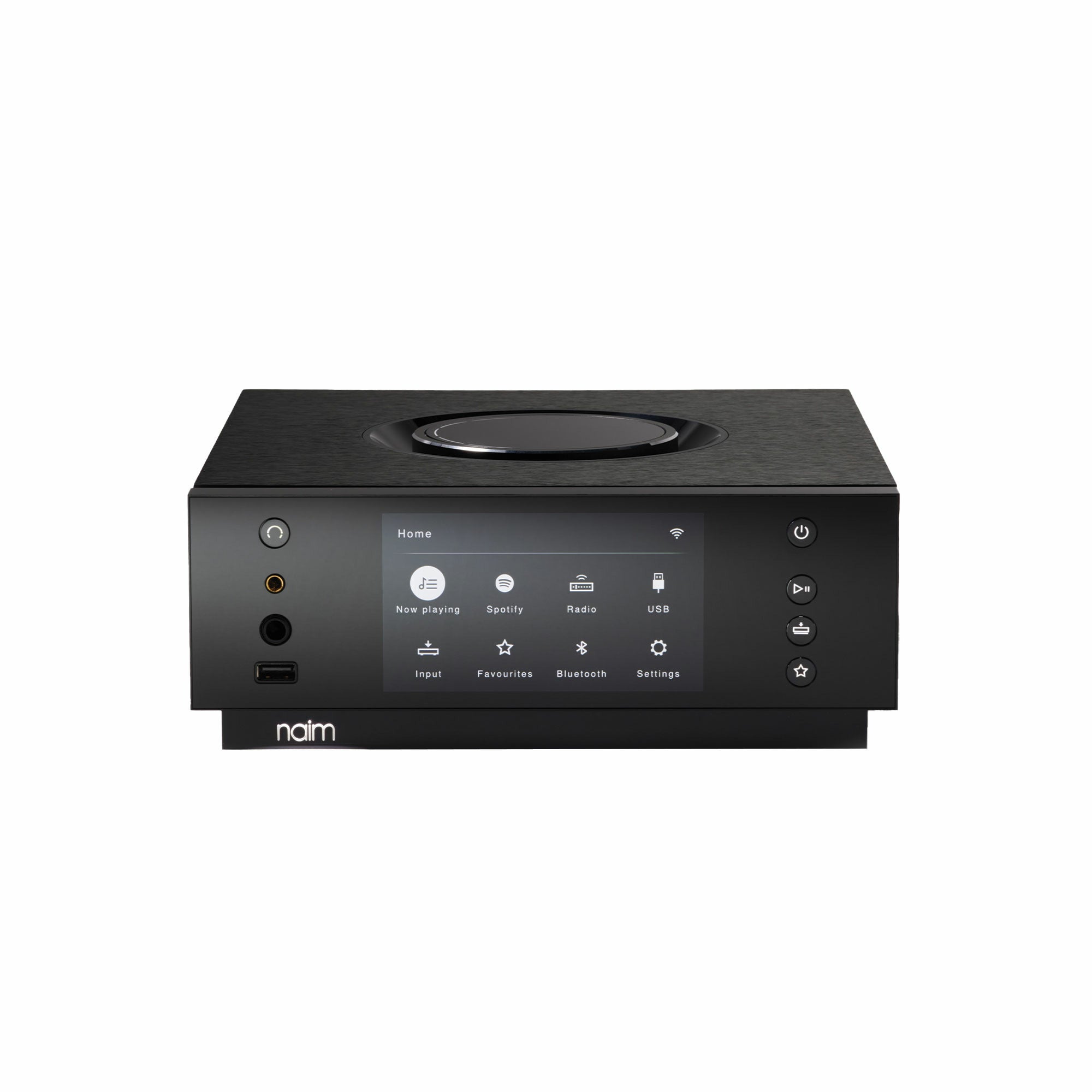 Naim Uniti Atom Headphone Edition Amplificator, vedere frontală, negru, ecran tactil și butoane laterale.