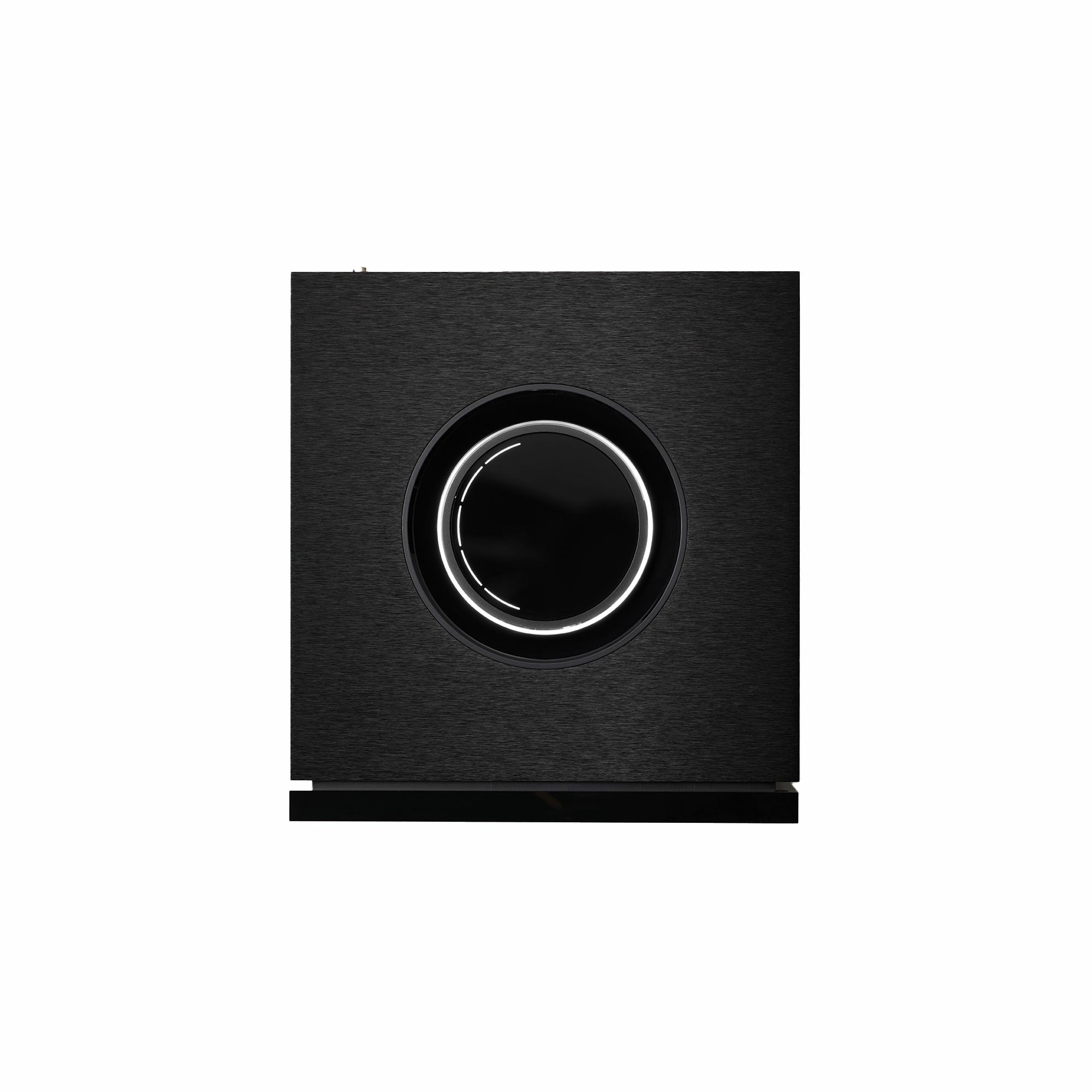 Naim Uniti Atom Headphone Edition Amplificator, vedere de sus, negru, buton central rotund iluminat.