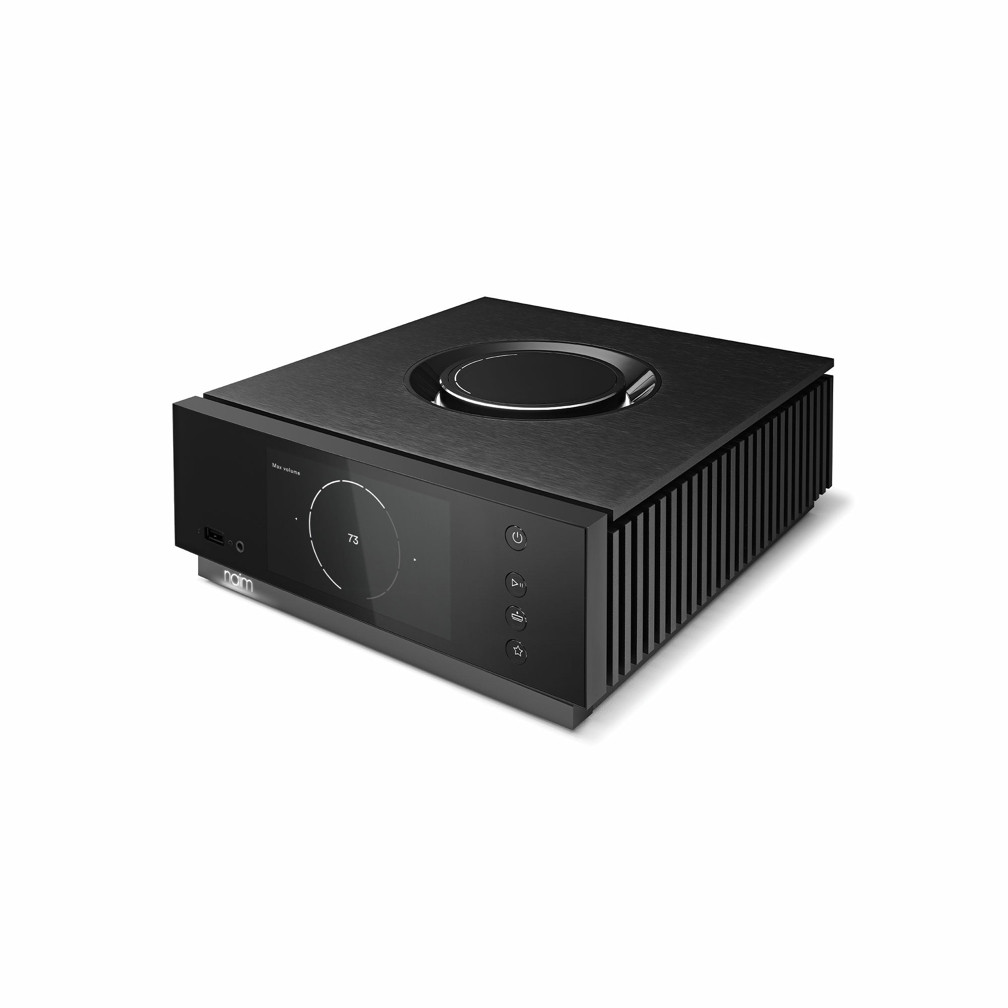Amplificator Naim Uniti Atom, vedere din unghi de 34 de grade, negru, afișaj frontal și butoane laterale.