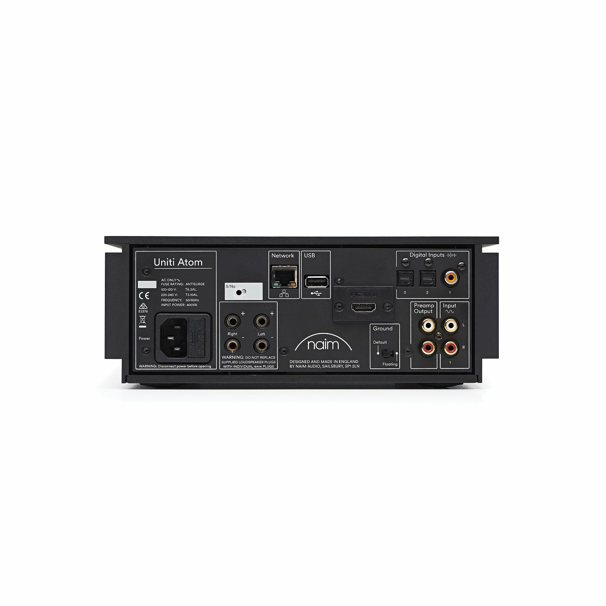 Spatele Naim Uniti Atom Amplificator, negru, cu porturi USB, HDMI, rețea, intrări digitale și ieșiri audio.