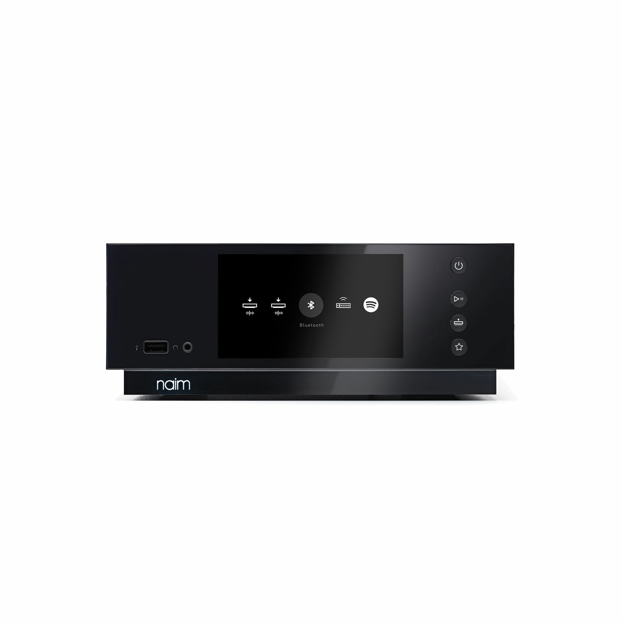 Naim Uniti Atom Amplificator, vedere frontală, negru. Ecran central cu butoane de control lateral.