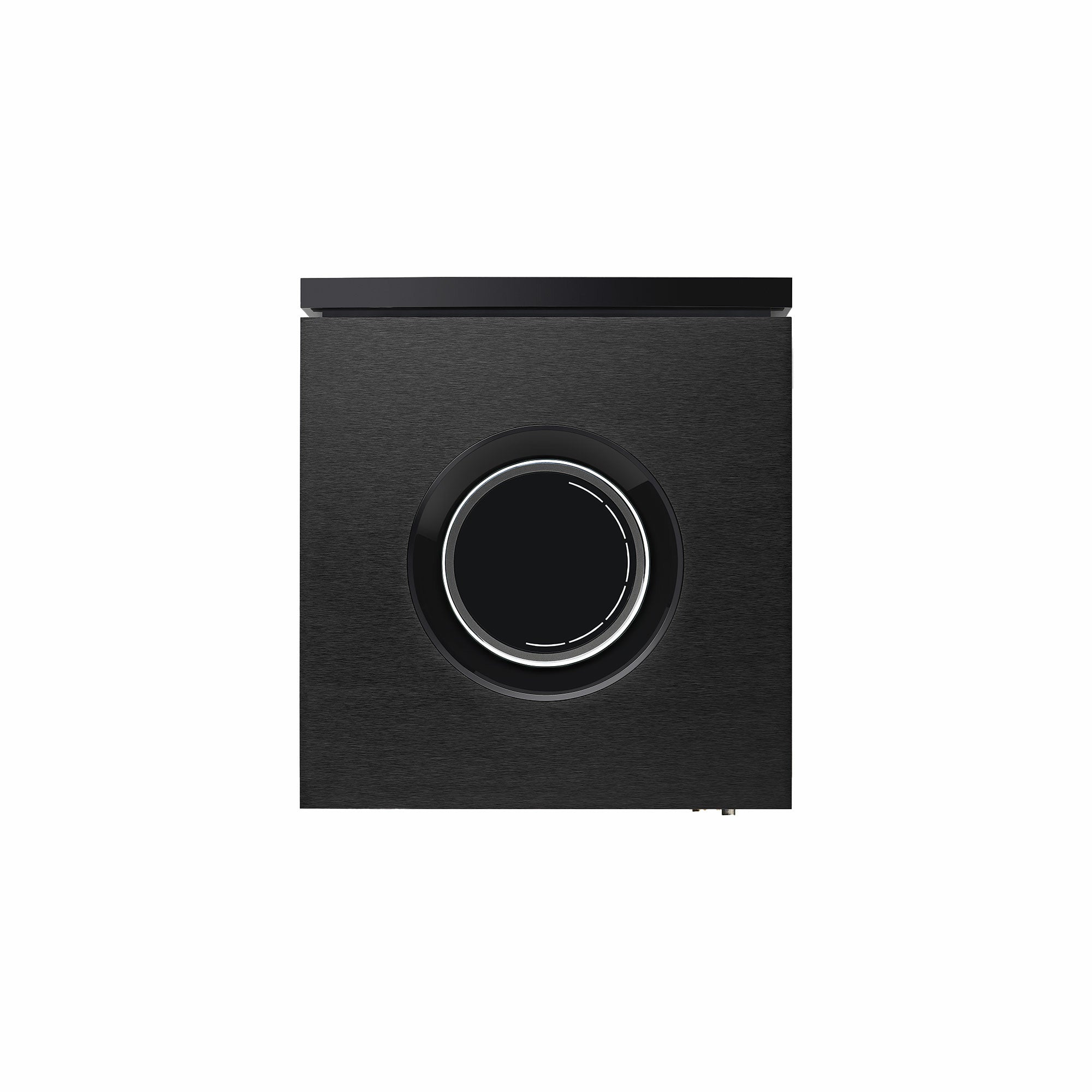 Naim Uniti Atom Amplificator, vedere de sus, culoare neagră, afișând butonul central rotativ și detalii metalice.