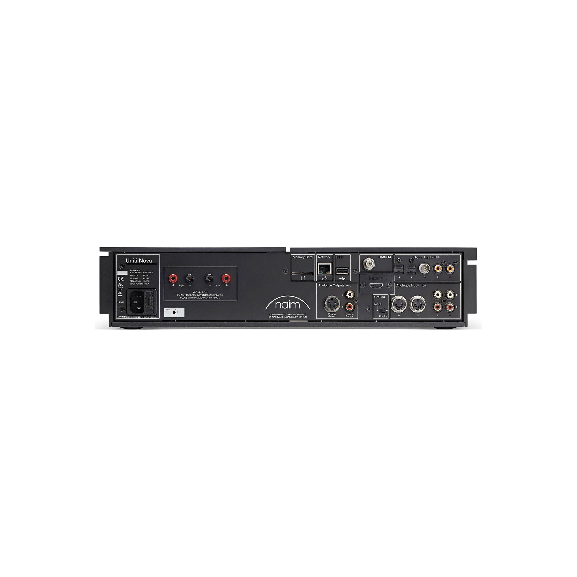 Spatele amplificatorului Naim Uniti Nova, culoare neagră, cu porturi de conectare audio și rețea vizibile.