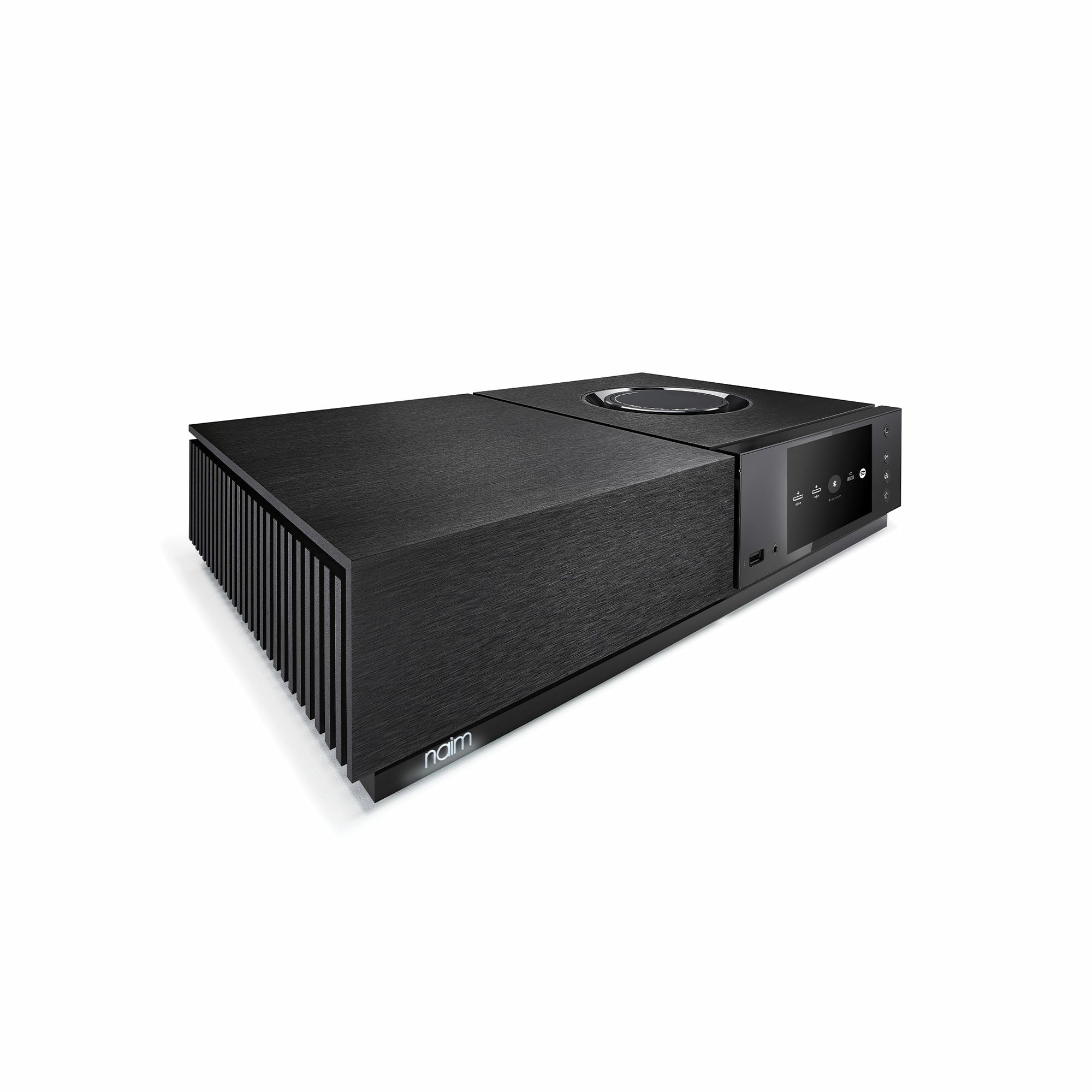 Amplificator Naim Uniti Nova, vedere din unghi de 34 de grade, culoare neagră, afișaj frontal și port USB.