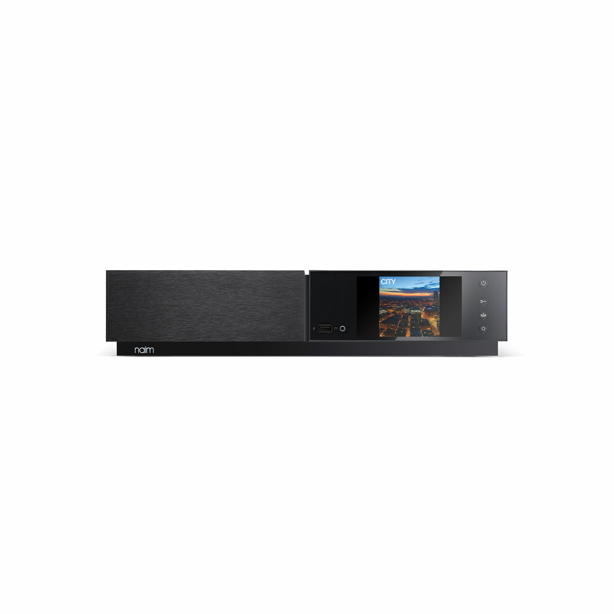 Amplificator Naim Uniti Nova, față neagră, afișaj color, port USB și butoane de control vizibile.
