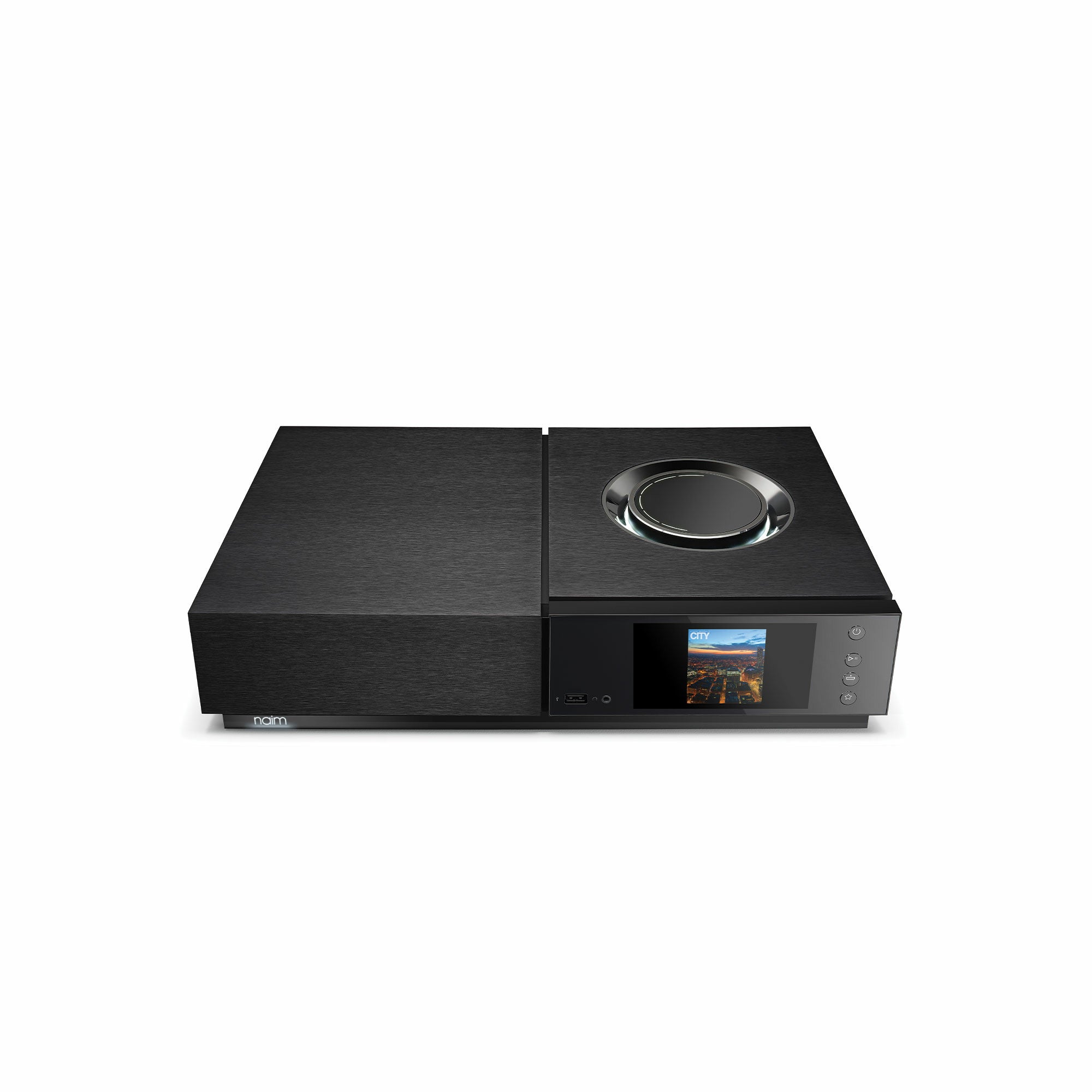 Amplificator Naim Uniti Nova FM/DAB+ negru, vedere de sus, afișaj color, butoane laterale și port USB.