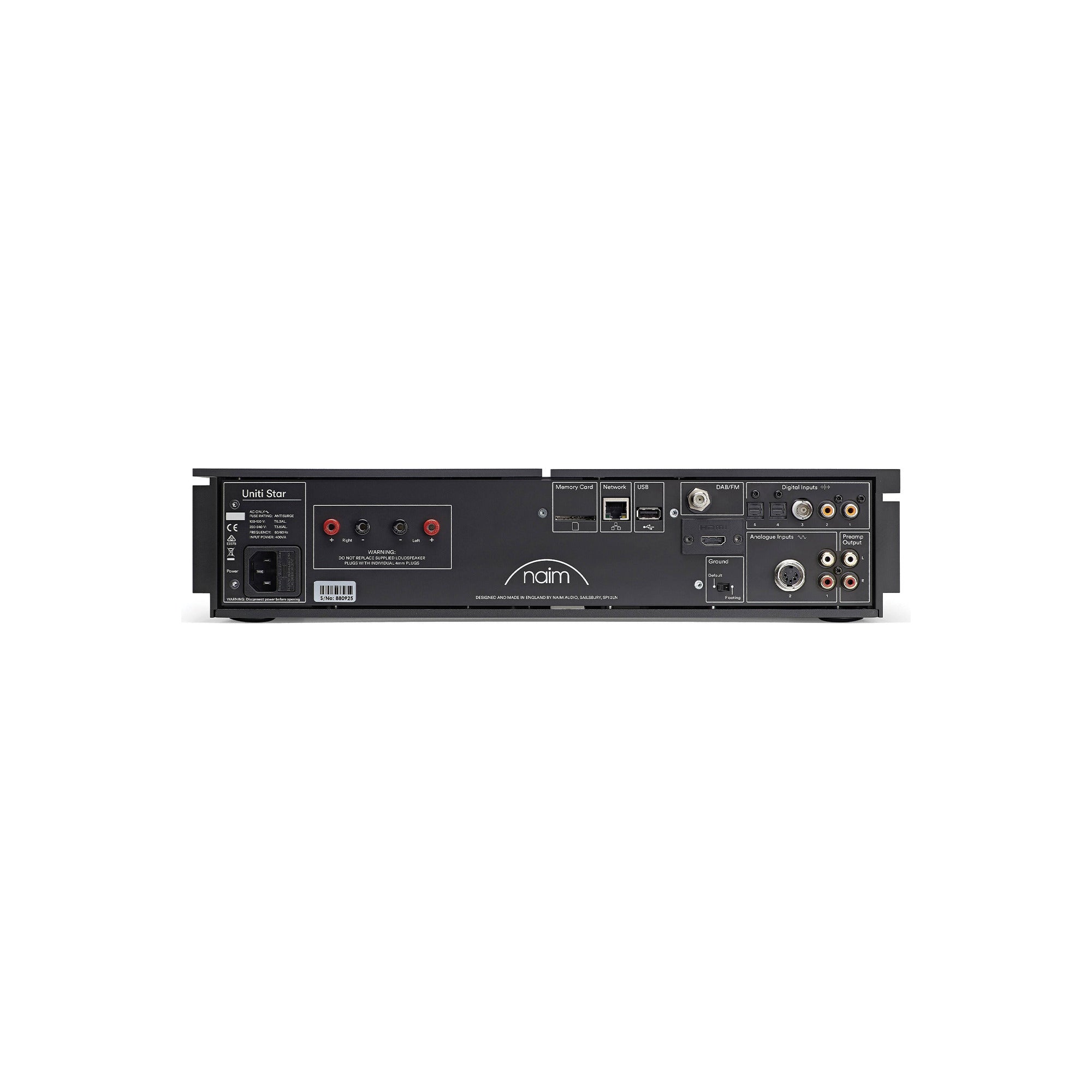 Naim Uniti Star Amplificator, vedere din spate, conectori RCA, porturi Ethernet și USB, intrări audio.