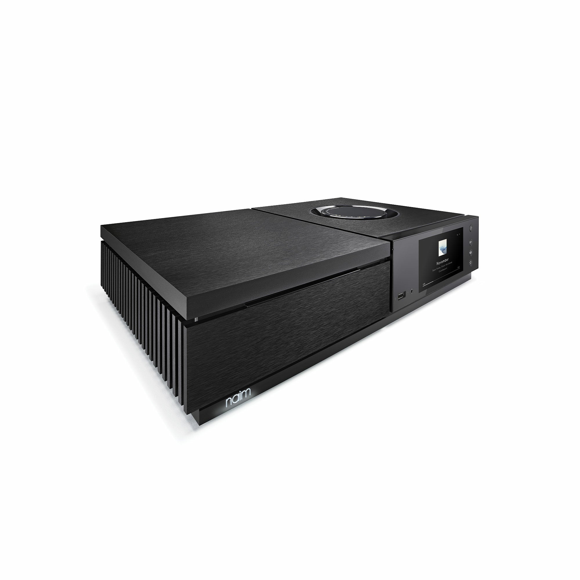 Amplificator Naim Uniti Star, vedere din unghi de 34°, culoare negru, afișaj frontal și port USB vizibile.