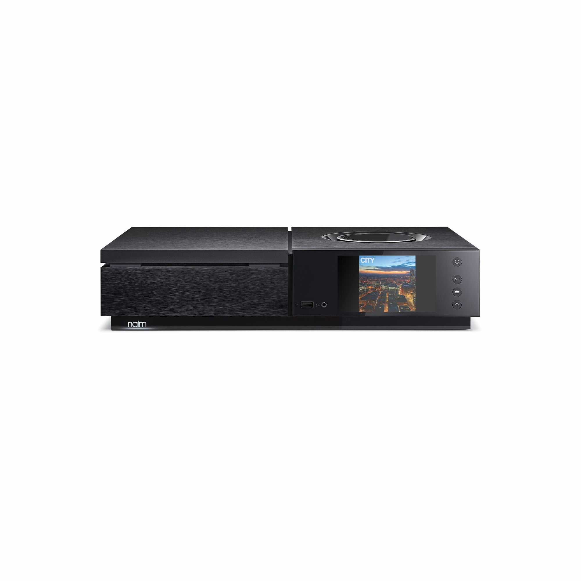 Naim Uniti Star FM/DAB+ Amplificator, vedere frontală, negru, ecran color, port USB, butoane laterale.