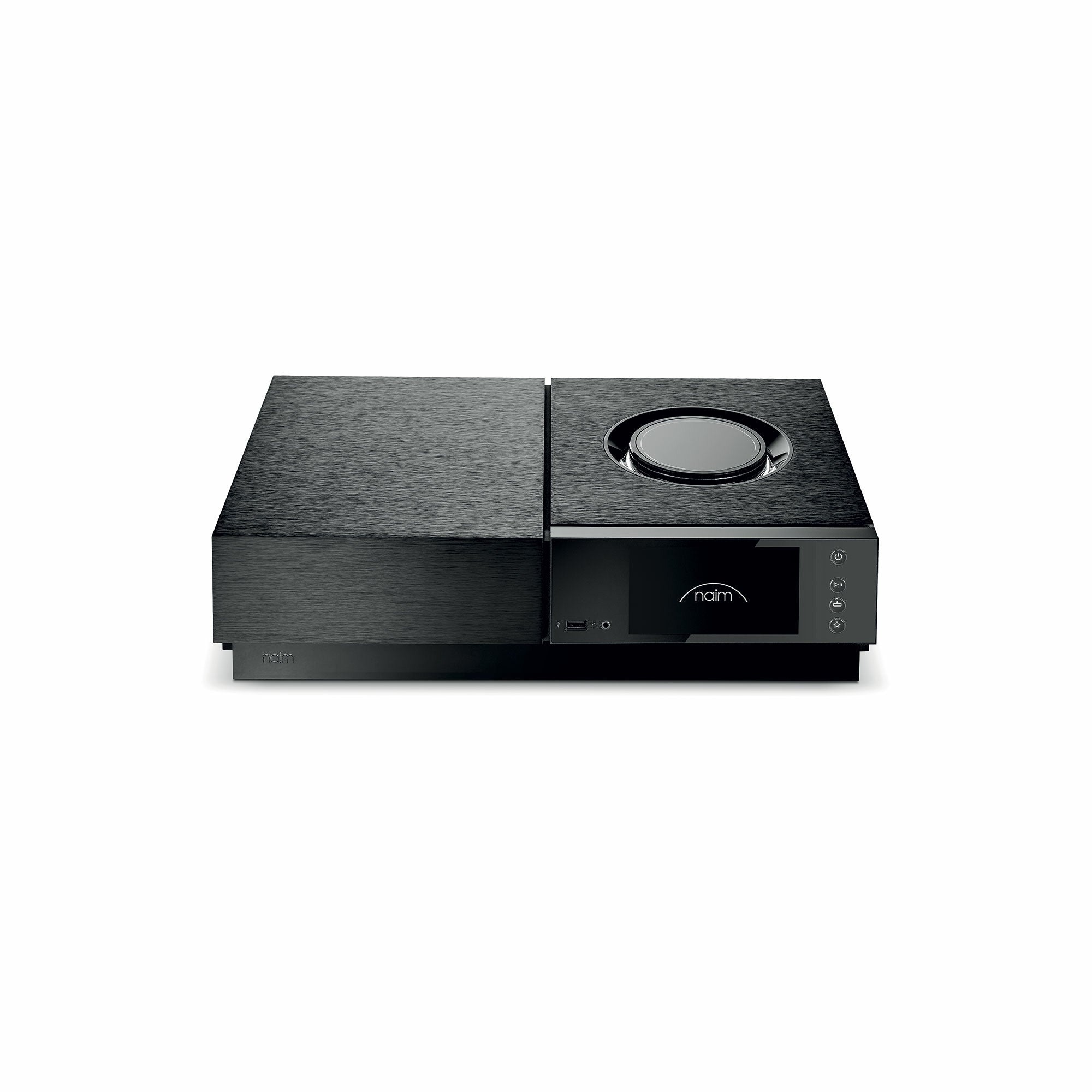 Amplificator Naim Uniti Nova PE, vedere de sus, negru, afișaj frontal iluminat și butoane laterale.