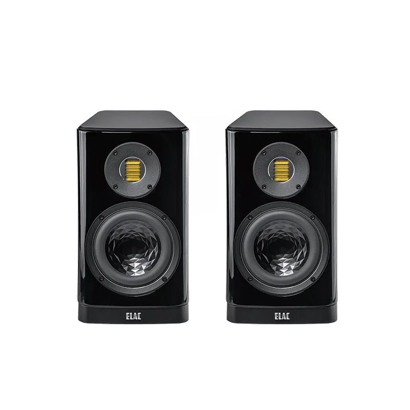 Boxe Elac Vela BS 403.2 negre, vedere frontală, difuzoare midbass cu structură geometrică și tweeter AMT.