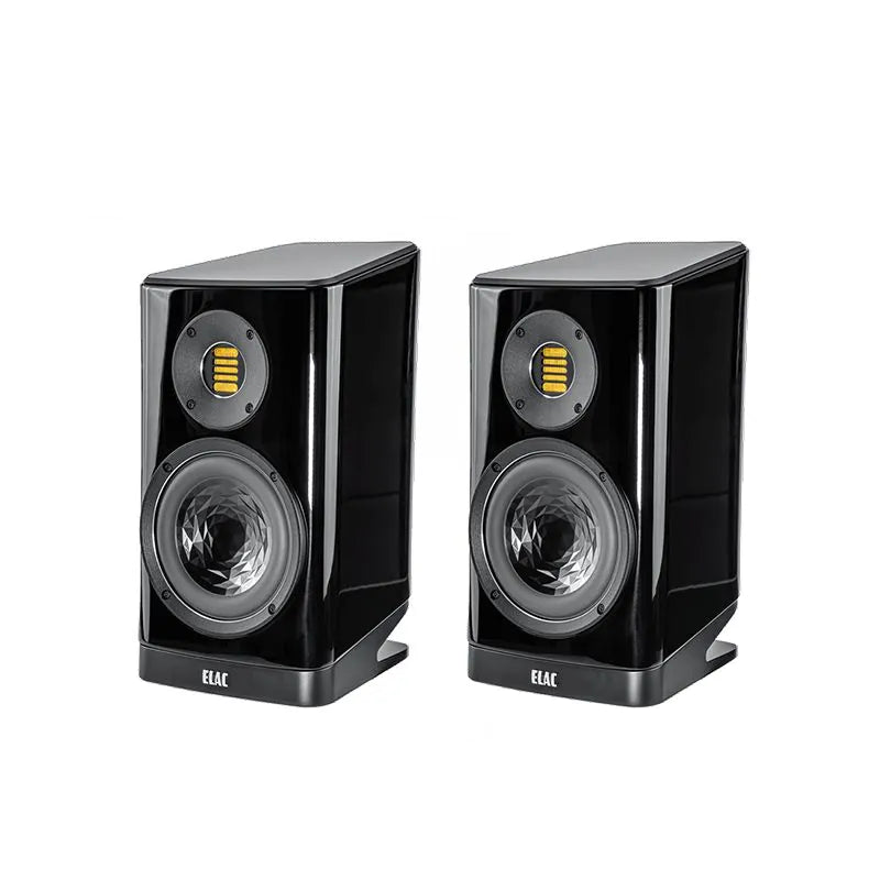 Boxe Elac Vela BS 403.2 negre, vedere frontală, tweeter AMT și woofer cu con texturat vizibile.