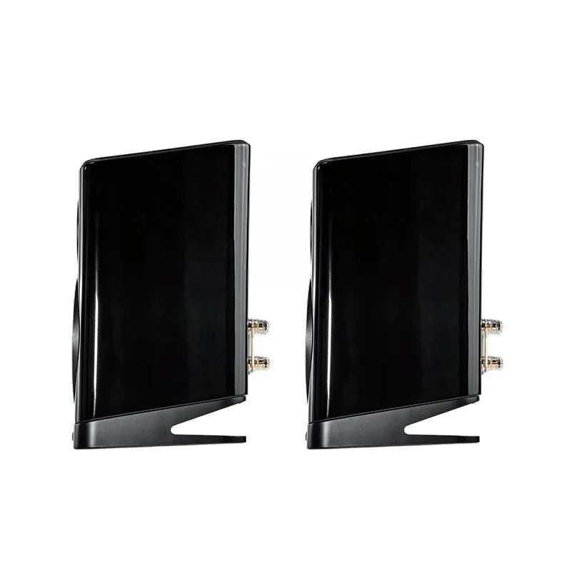 Boxe Elac Vela BS 403.2 negre, vedere din spate, conectori aurii vizibili pentru conexiuni audio.
