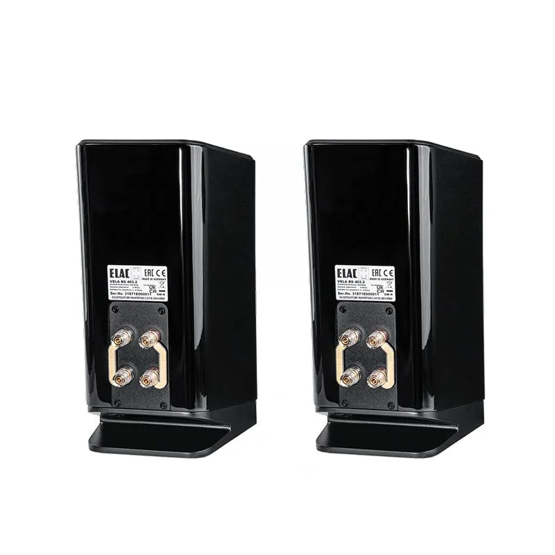 Spate boxe Elac Vela BS 403.2 negre, conectori bi-wire placati cu aur și plăcuțe de identificare vizibile.