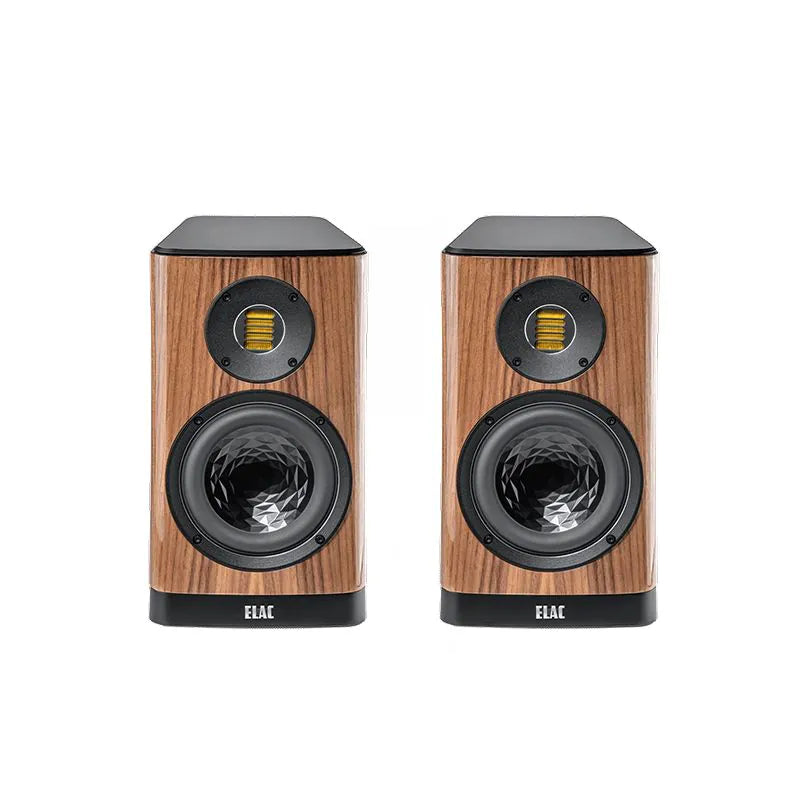 Boxe Elac Vela BS 403.2 culoare walnut, vedere frontală, cu woofer de 150mm și tweeter JET vizibile.