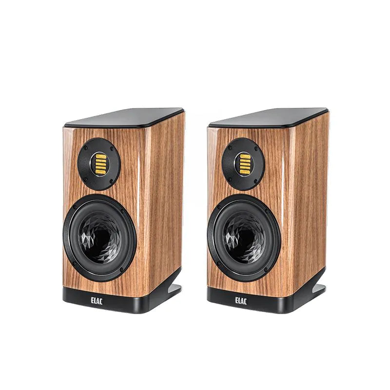 Boxe Elac Vela BS 403.2 finisaj walnut, vedere frontală, tweeter JET 5 și woofer cu structură cristalină.