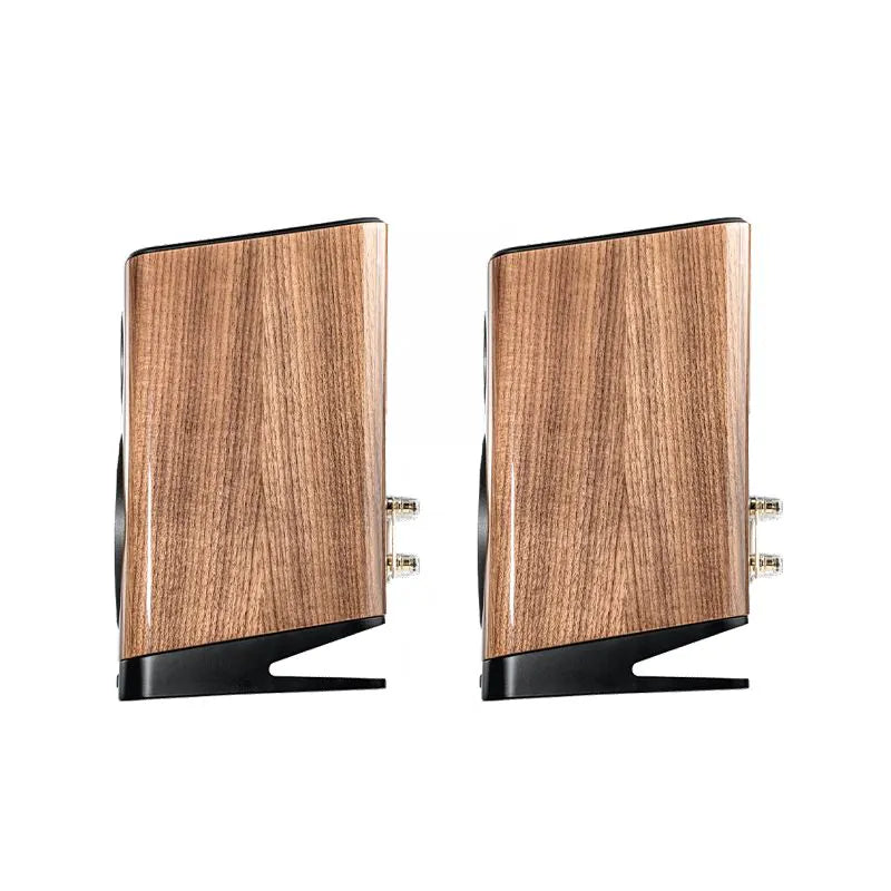 Boxe Elac Vela BS 403.2, vedere laterală, finisaj walnut, conectori bi-wire vizibili pe spate.