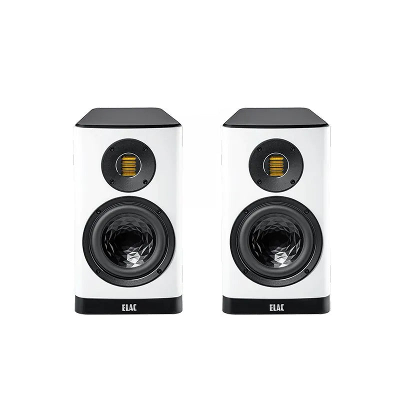 Boxe Elac Vela BS 403.2 albe, vedere frontală, difuzor de bass și tweeter vizibile pe ambele unități.